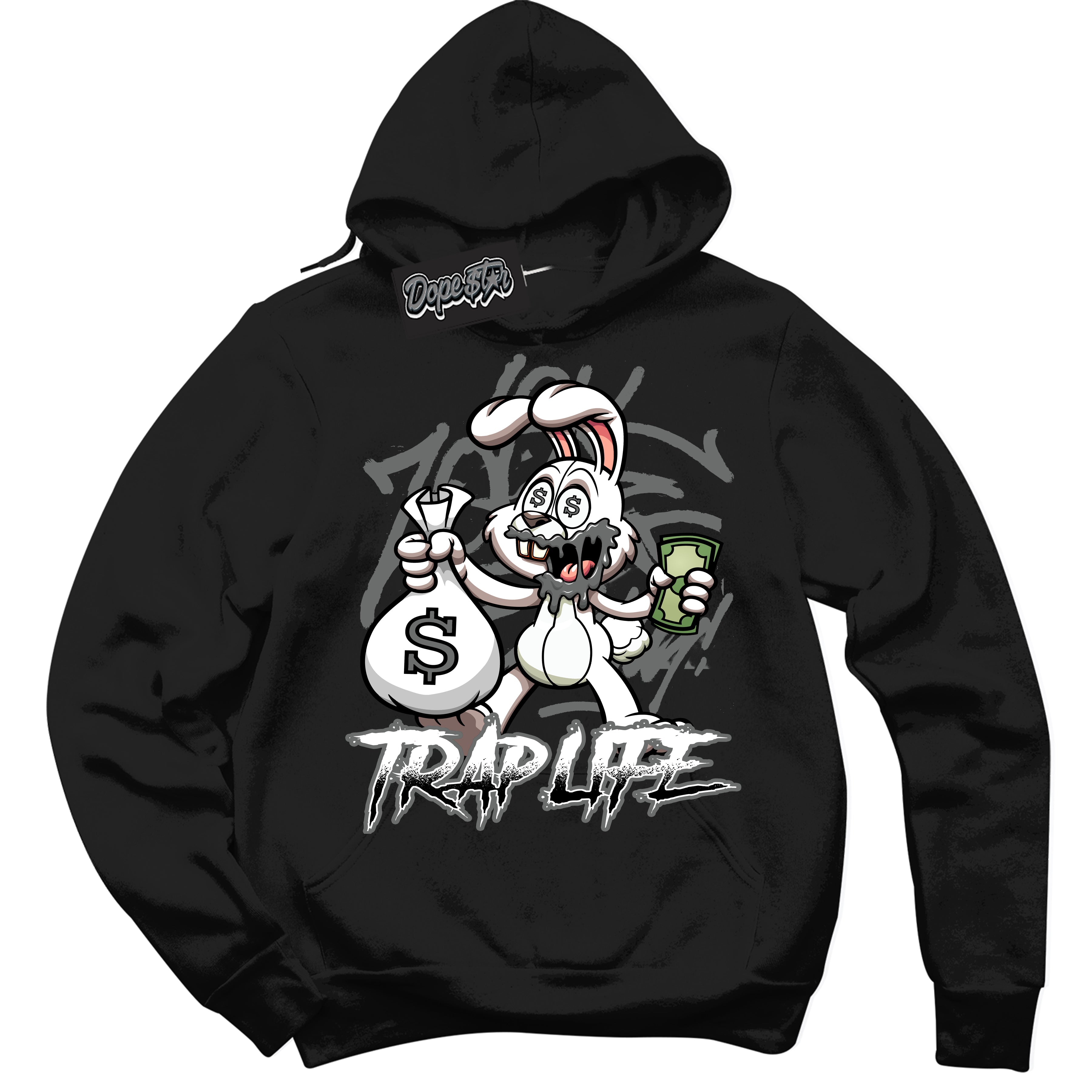 Cool Black Hoodie with “Trap Rabbit” design that Perfectly Matches Iron Grey 1s Jordans.