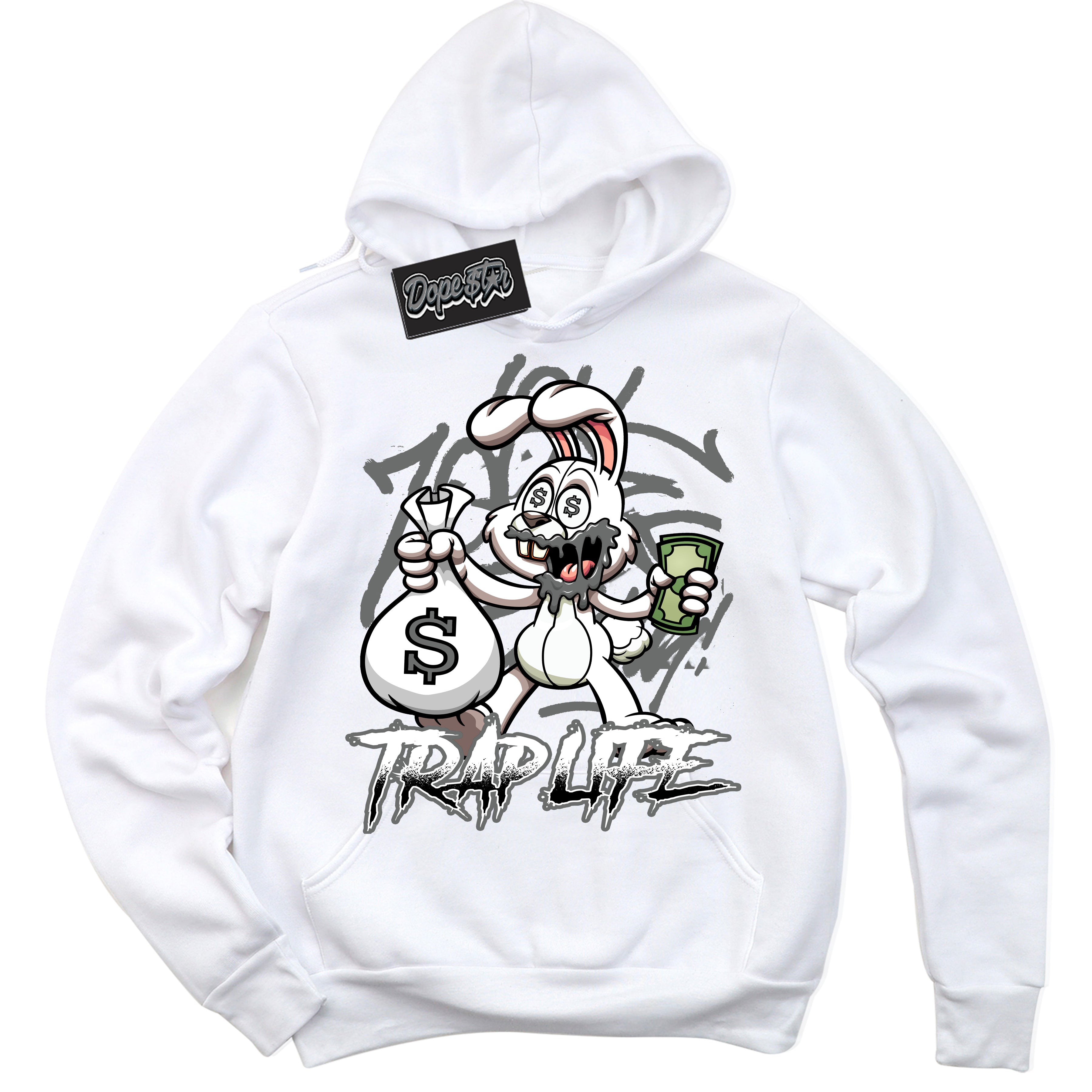 Cool White Hoodie with “Trap Rabbit” design that Perfectly Matches Iron Grey 1s Jordans.