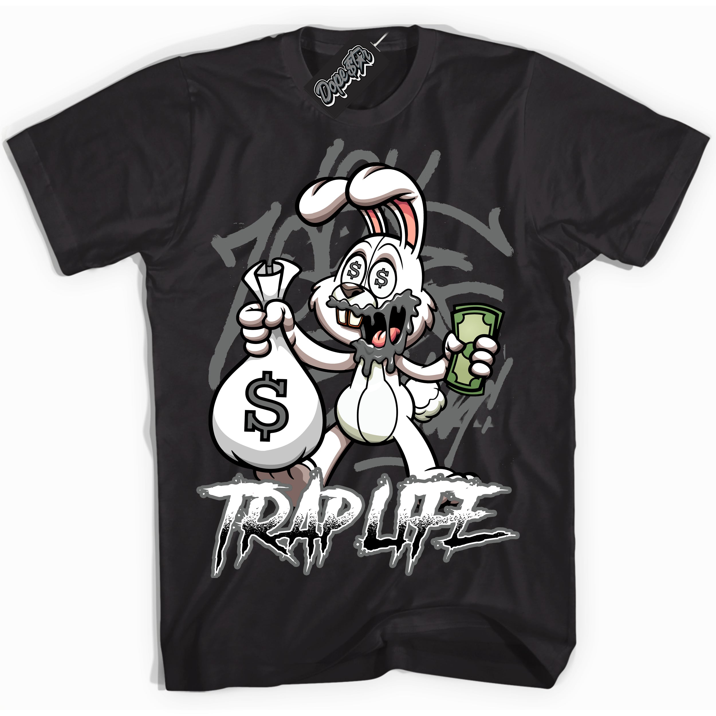 Cool Black Shirt with “Trap Rabbit” design that perfectly matches the Iron Grey 1s Jordans.