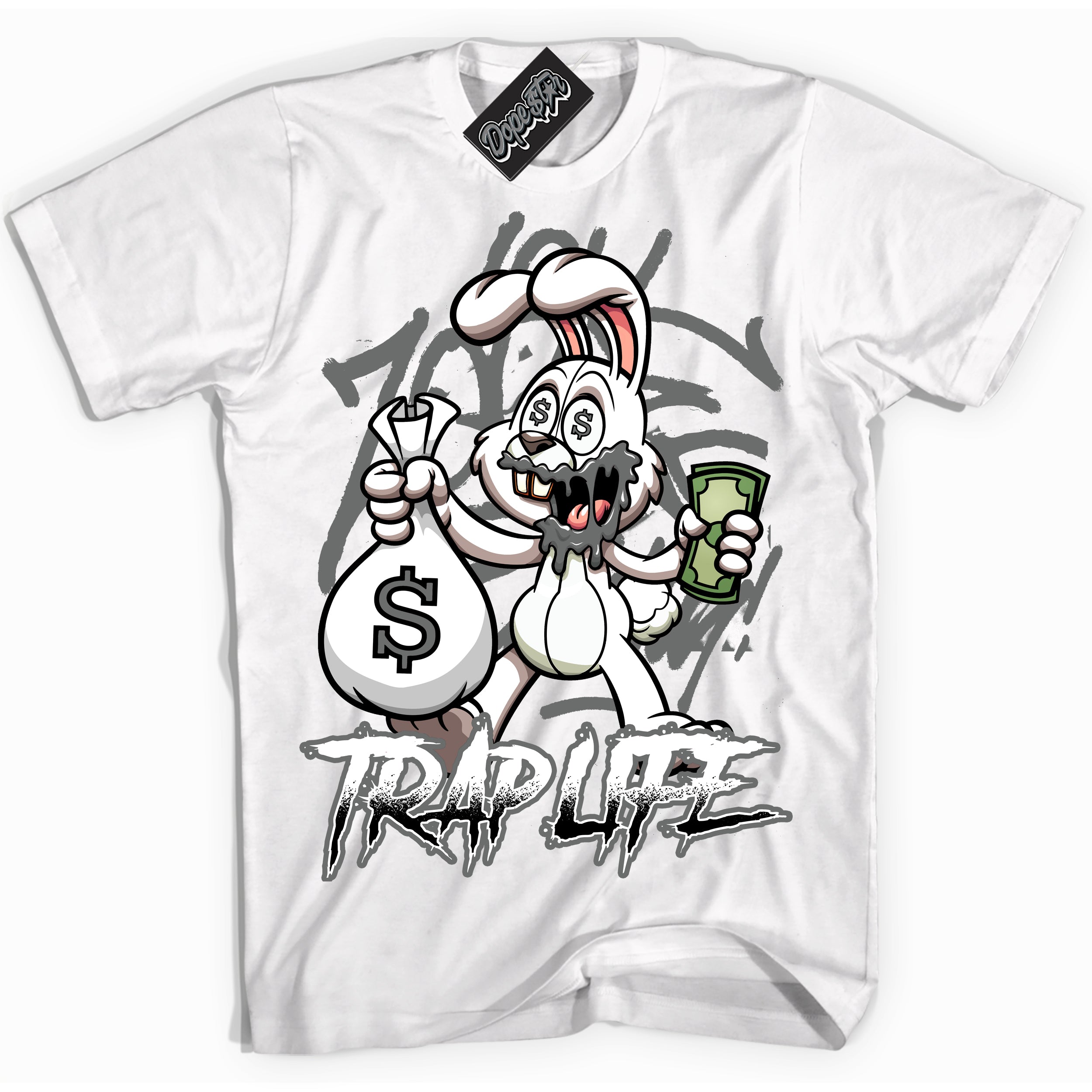 Cool White Shirt with “Trap Rabbit” design that perfectly matches the Iron Grey 1s Jordans.