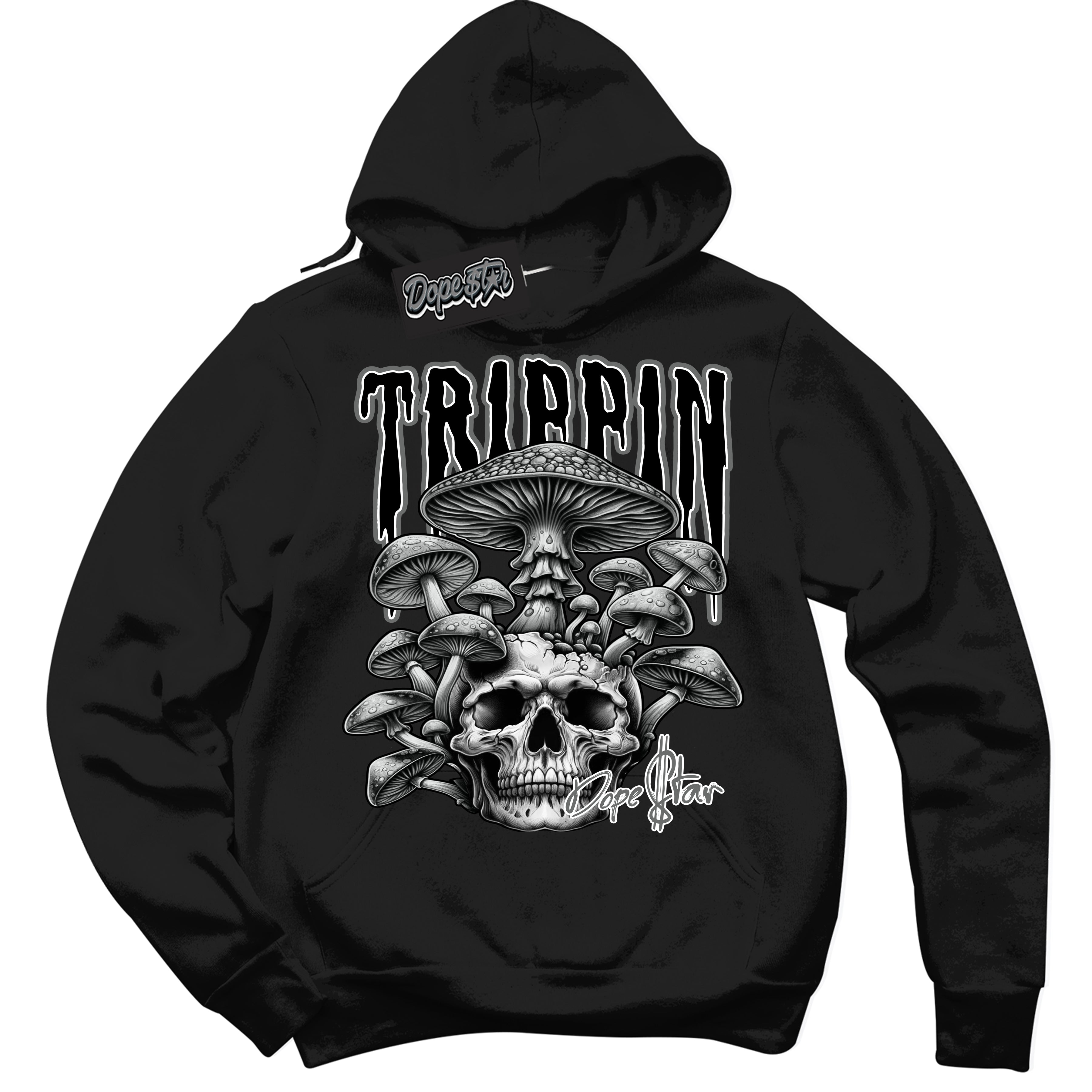 Cool Black Hoodie with “Trippin” design that Perfectly Matches Iron Grey 1s Jordans.