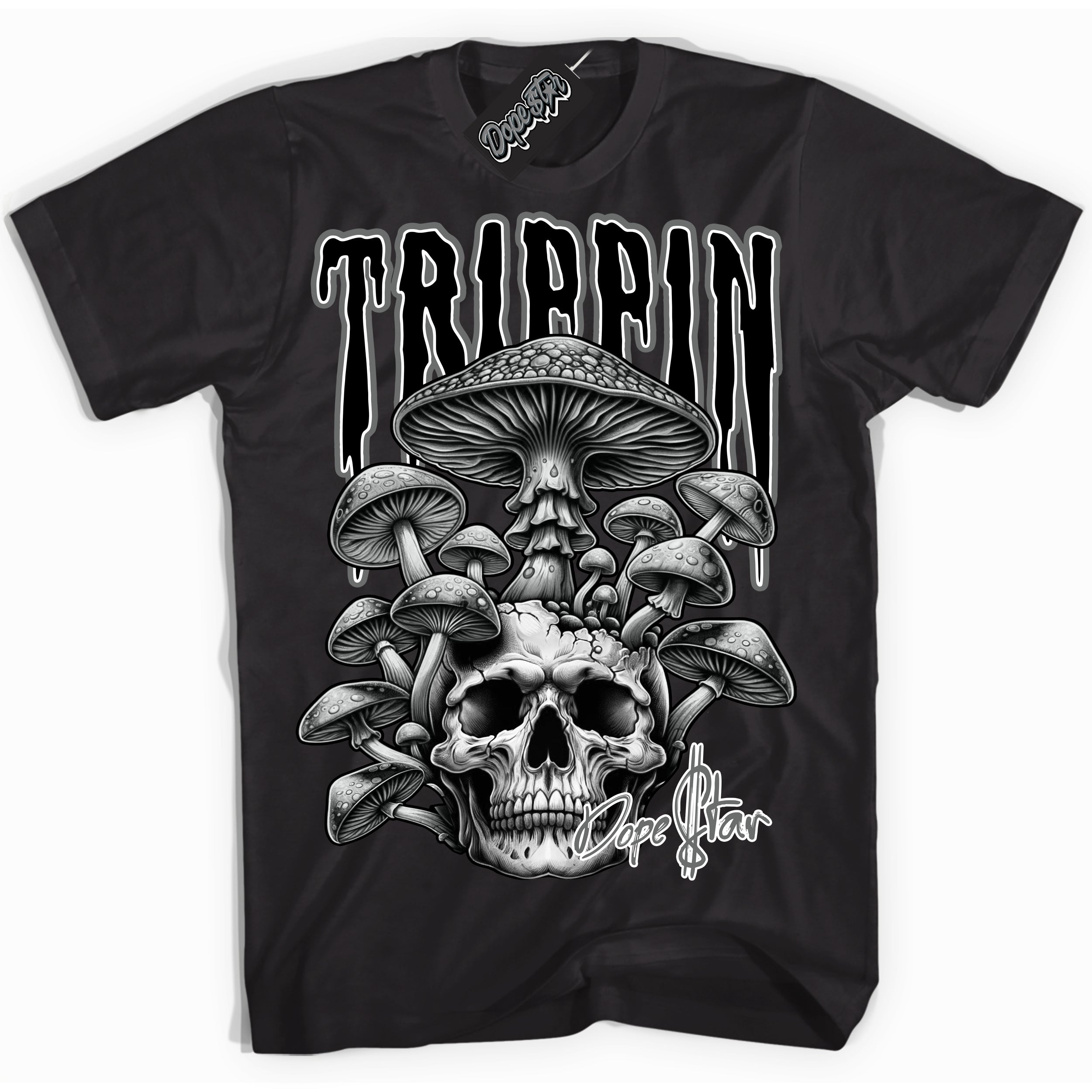 Cool Black Shirt with “Trippin” design that perfectly matches the Iron Grey 1s Jordans.