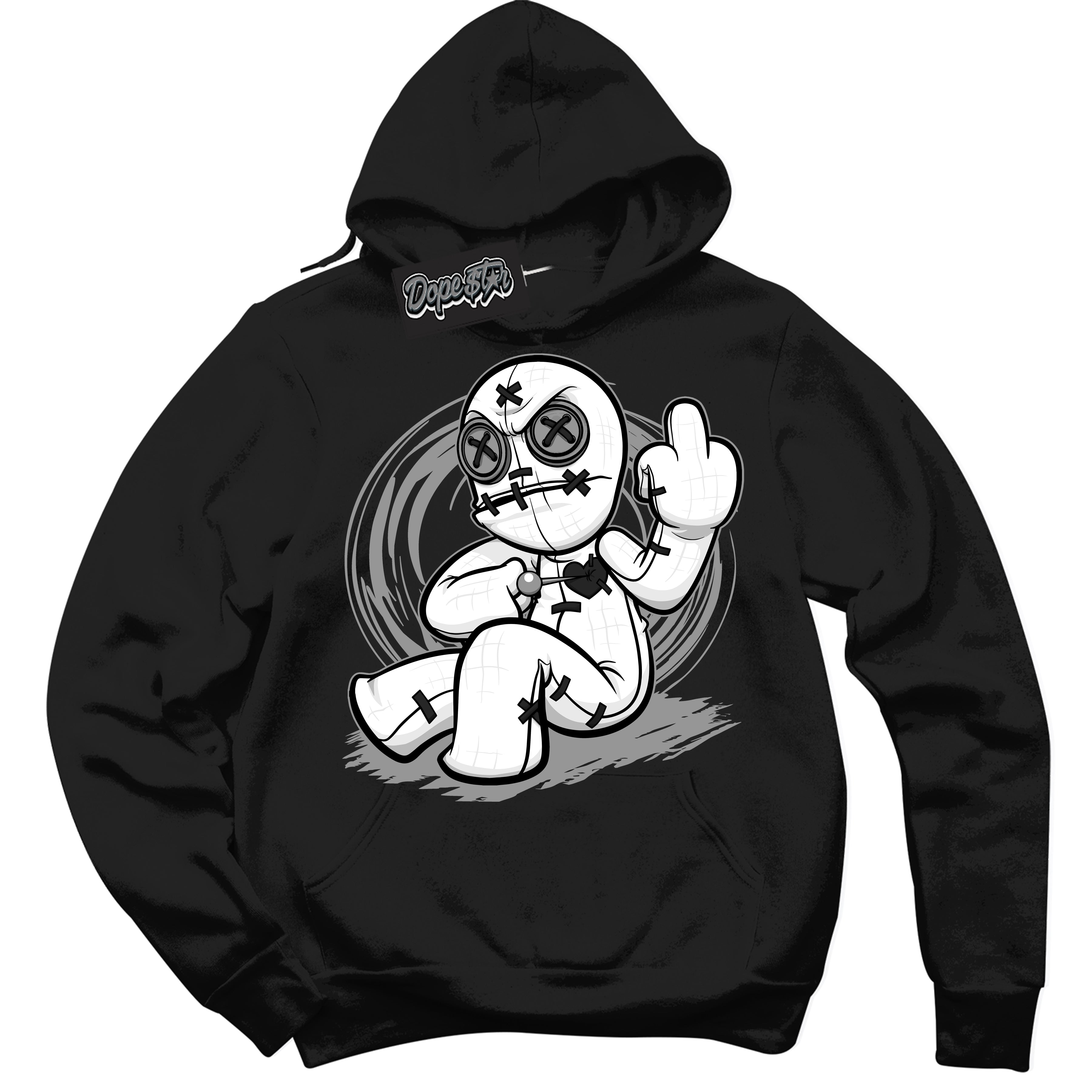 Cool Black Hoodie with “Voodoo Doll” design that Perfectly Matches Iron Grey 1s Jordans.