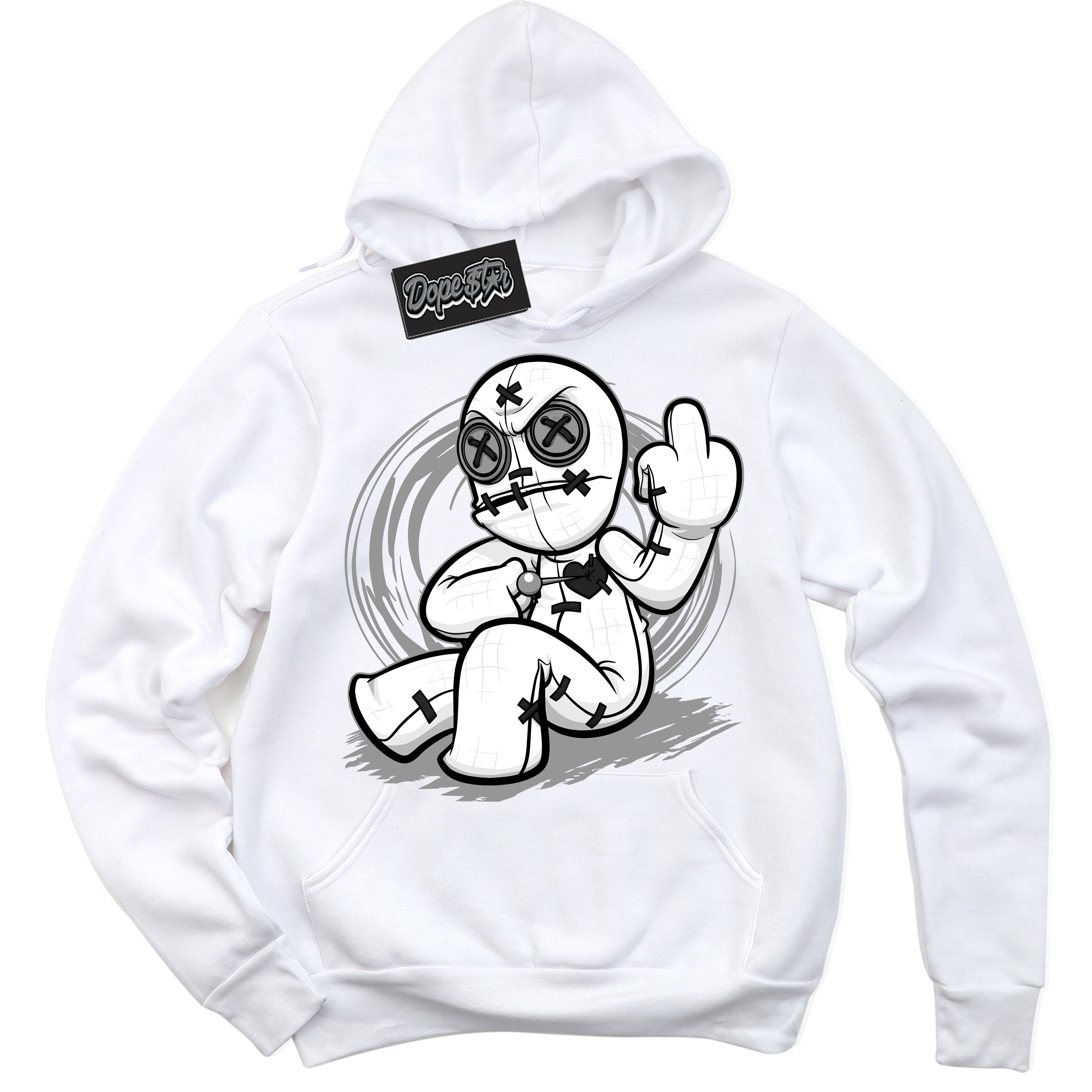 Cool White Hoodie with “Voodoo Doll” design that Perfectly Matches Iron Grey 1s Jordans.