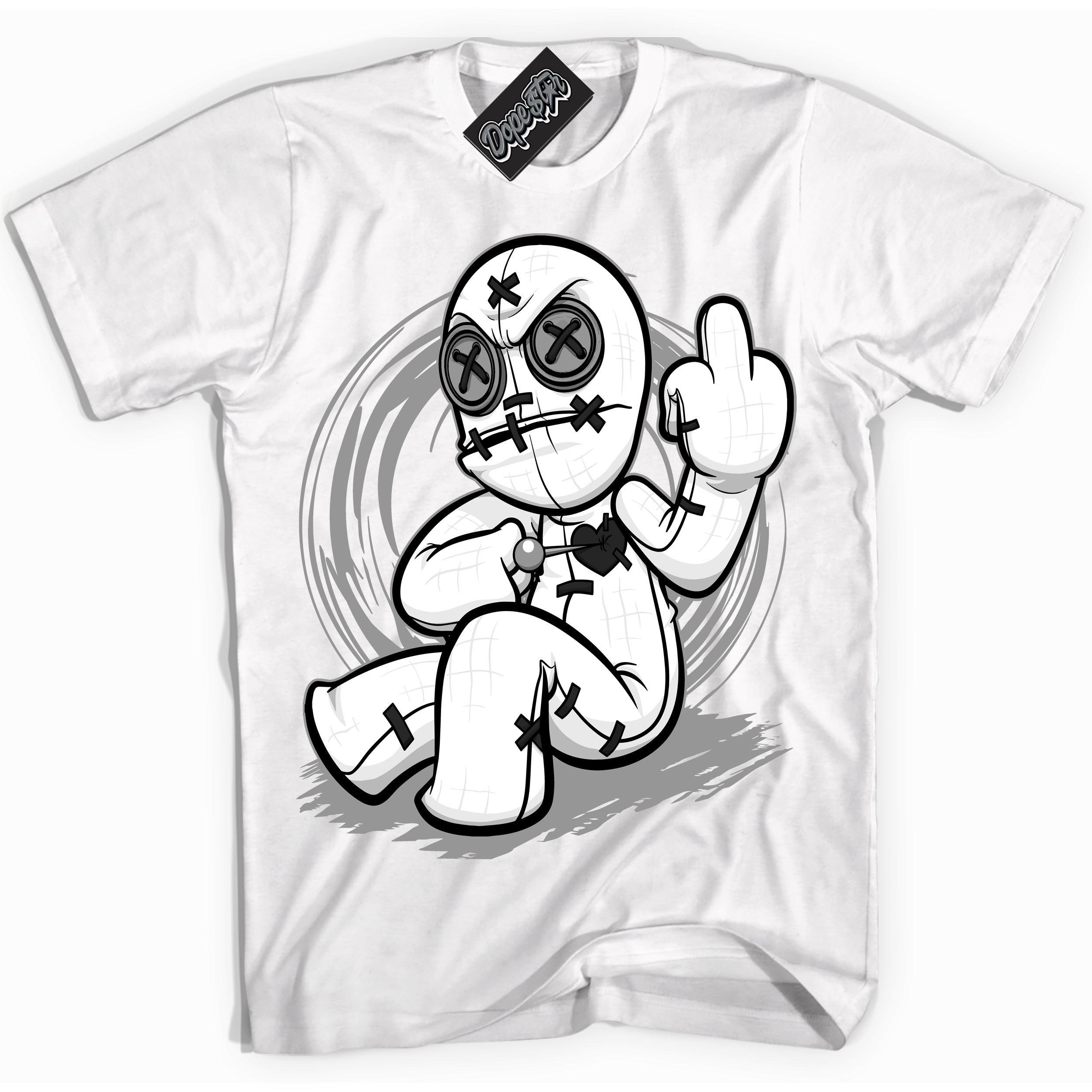 Cool White Shirt with “Voodoo Doll” design that perfectly matches the Iron Grey 1s Jordans.