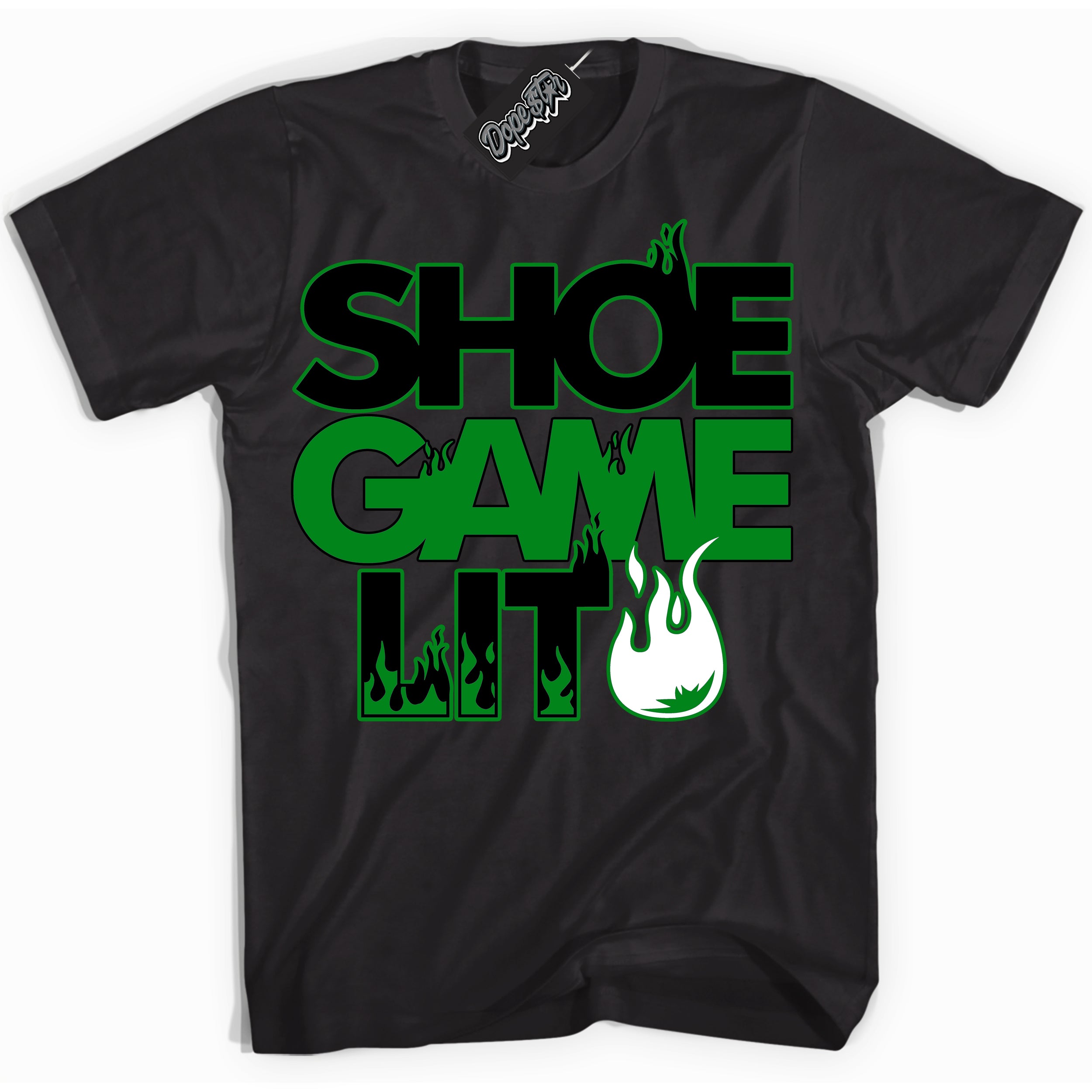 Cool Black Shirt with “ Shoe Game Lit ” design that perfectly matches Lucky Green 1s Sneakers.