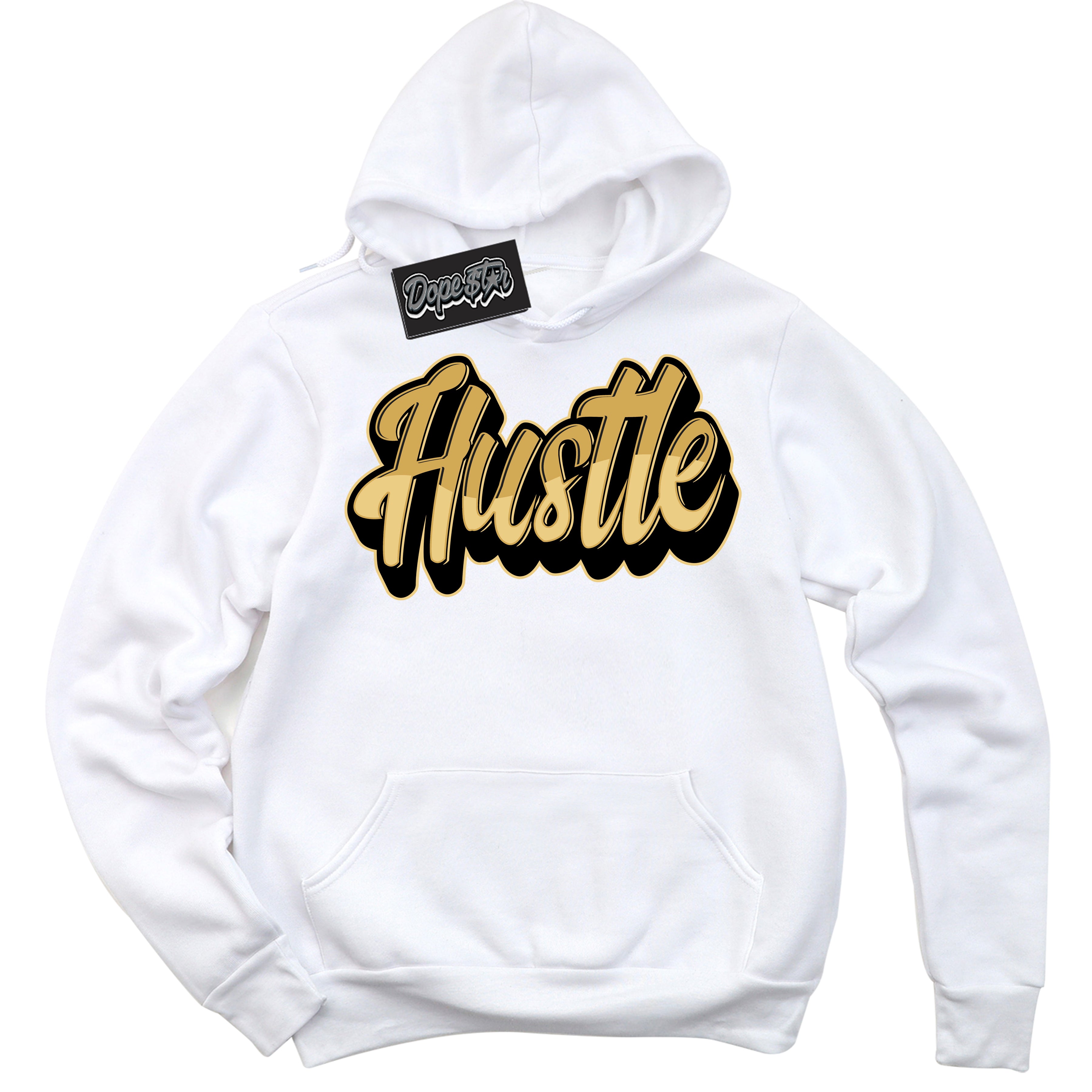 Cool White Hoodie with “ Hustle ”  design that Perfectly Matches Black Metallic Gold 1s Jordans.
