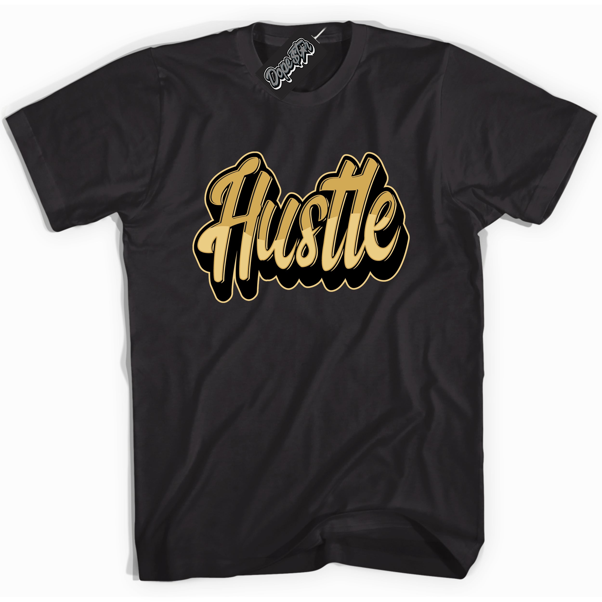 Cool Black Shirt with “ Hustle ” design that perfectly matches Black Metallic Gold 1s Jordans.
