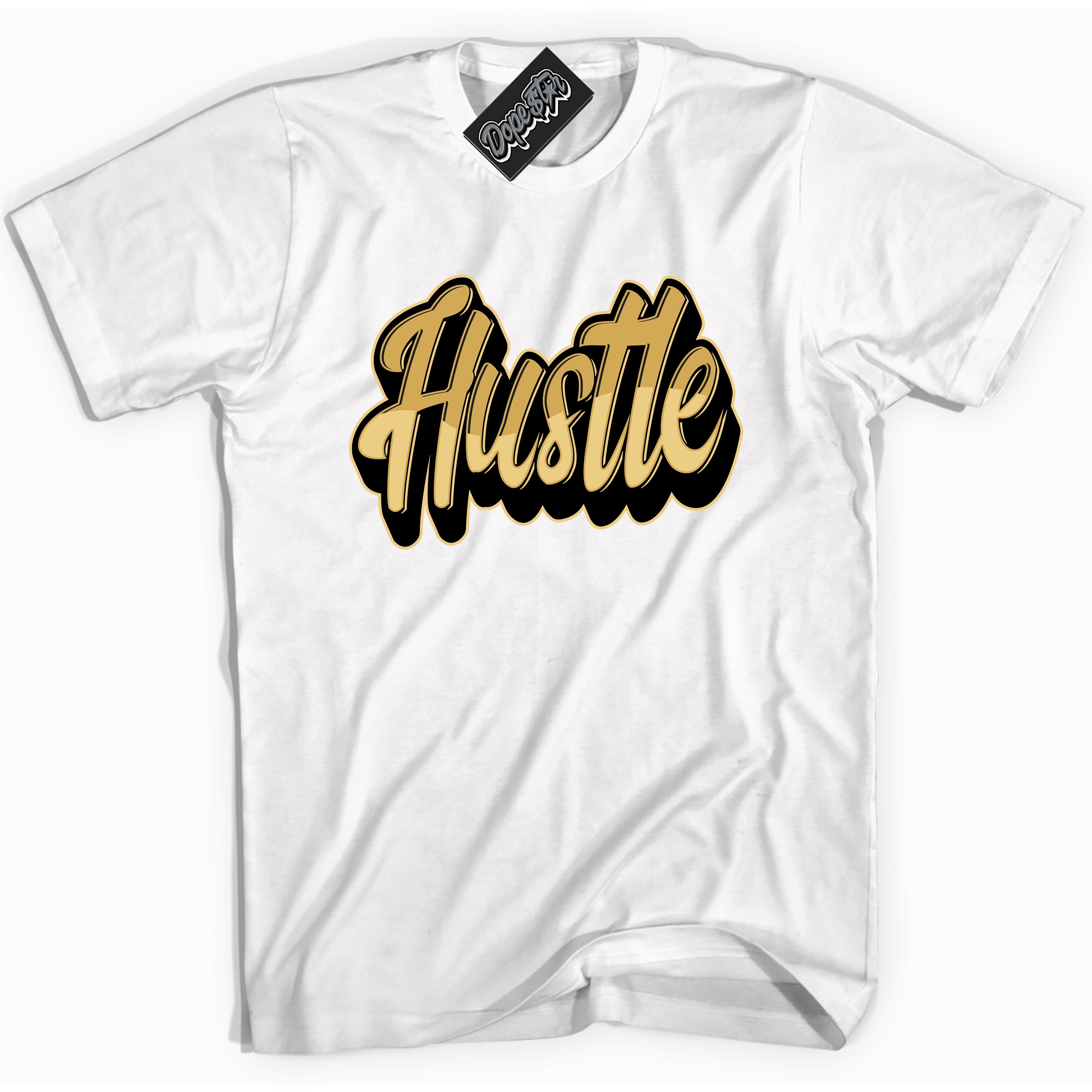 Cool White Shirt with “ Hustle ” design that perfectly matches Black Metallic Gold 1s Jordans.
