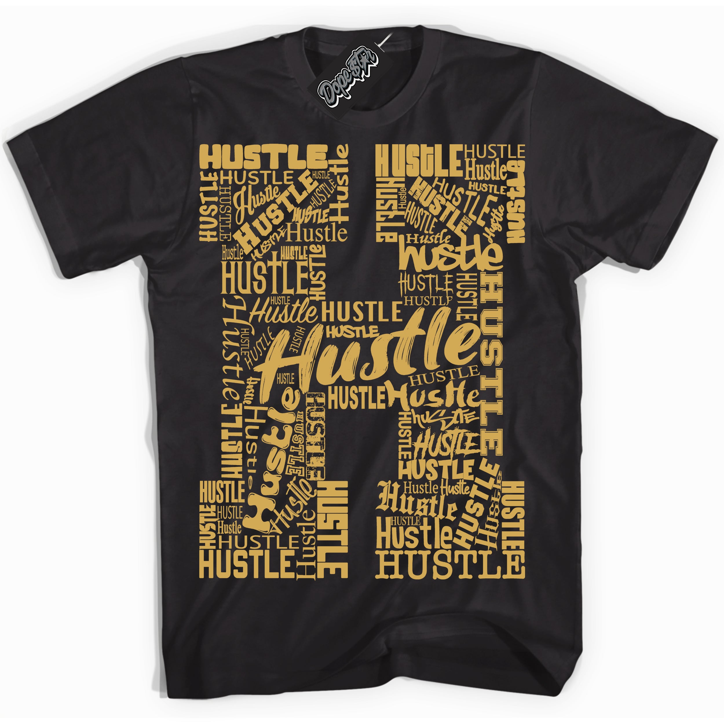 Cool Black Shirt with “ Hustle H ” design that perfectly matches Black Metallic Gold 1s Jordans.
