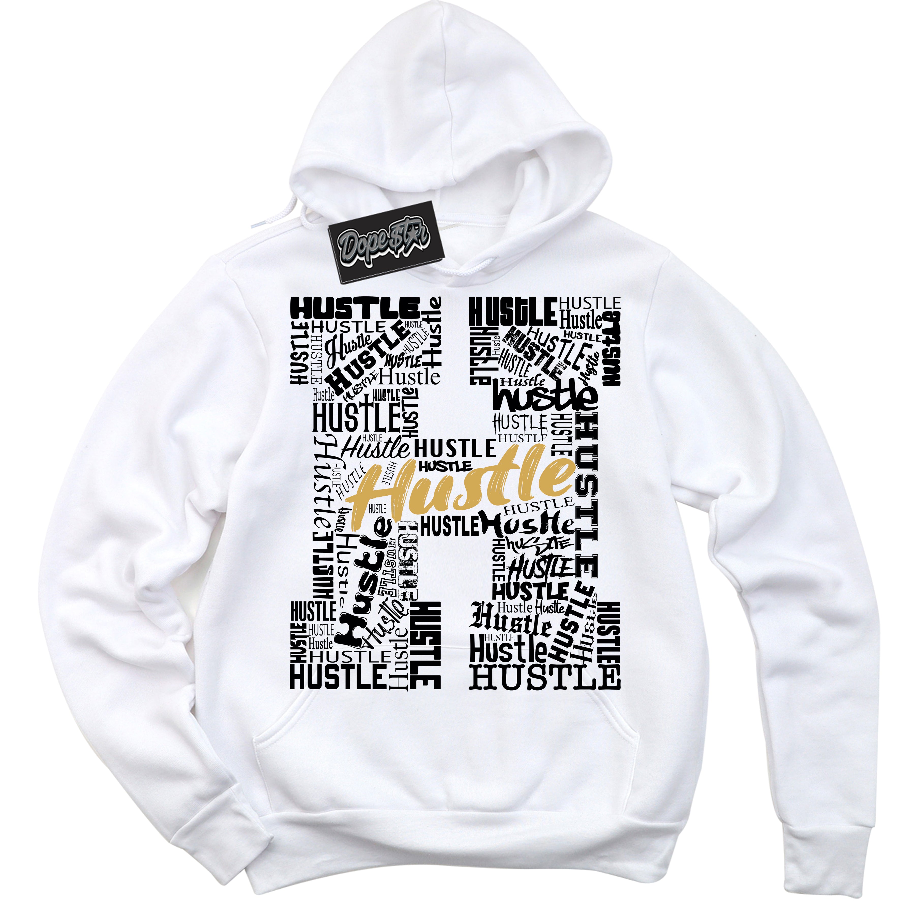 Cool White Hoodie with “ Hustle H ”  design that Perfectly Matches Black Metallic Gold 1s Jordans.
