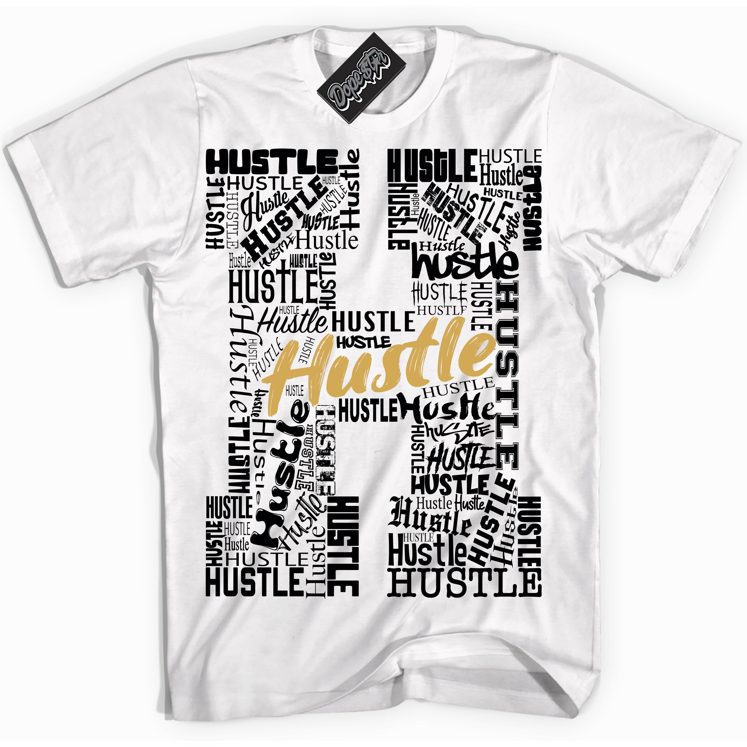 Cool White Shirt with “ Hustle H ” design that perfectly matches Black Metallic Gold 1s Jordans.
