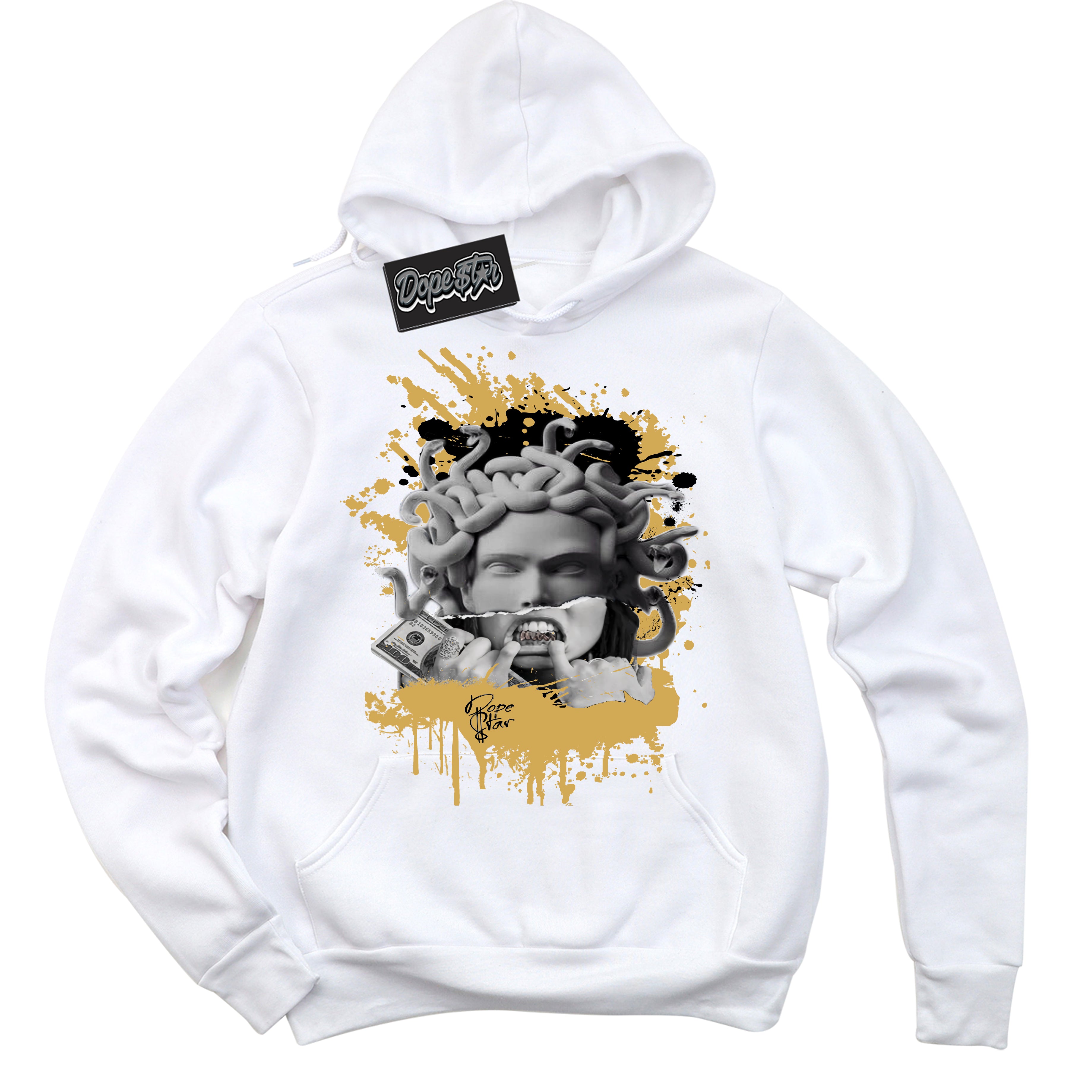 Cool White Hoodie with “ Medusa ”  design that Perfectly Matches Black Metallic Gold 1s Jordans.
