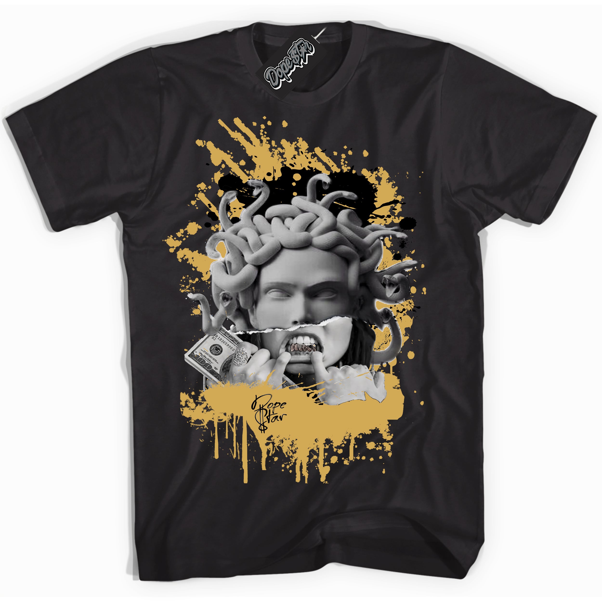 Cool Black Shirt with “ Medusa ” design that perfectly matches Black Metallic Gold 1s Jordans.
