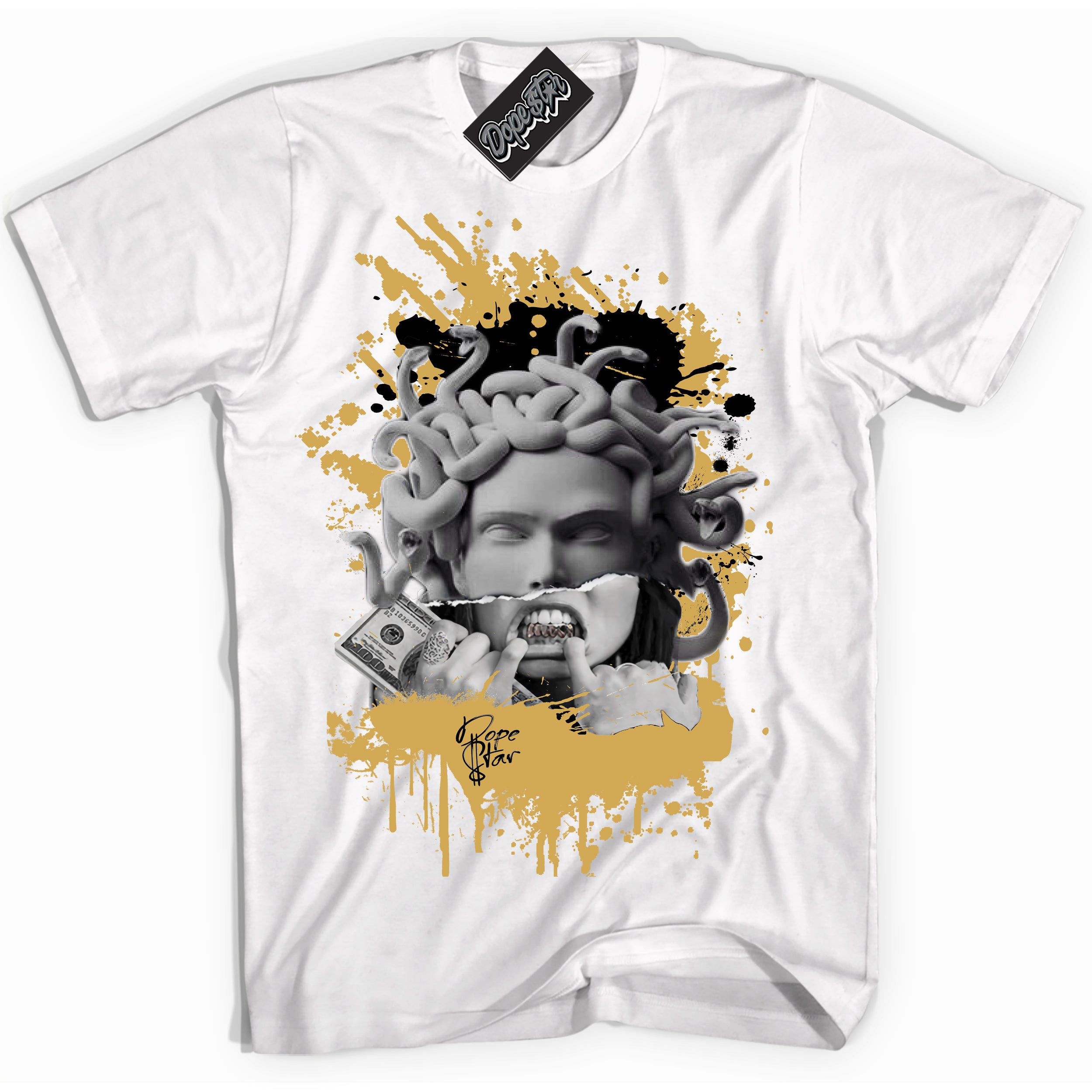 Cool White Shirt with “ Medusa ” design that perfectly matches Black Metallic Gold 1s Jordans.
