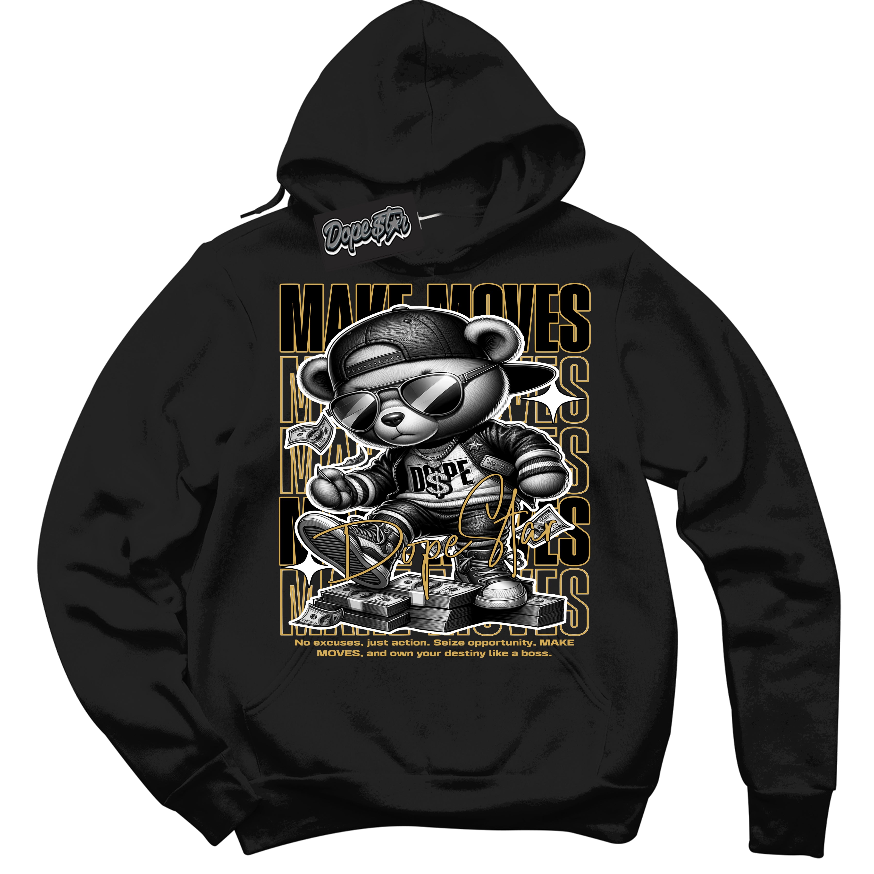 Cool Black Hoodie with “ Makin Moves ”  design that Perfectly Matches Black Metallic Gold 1s Sneakers.