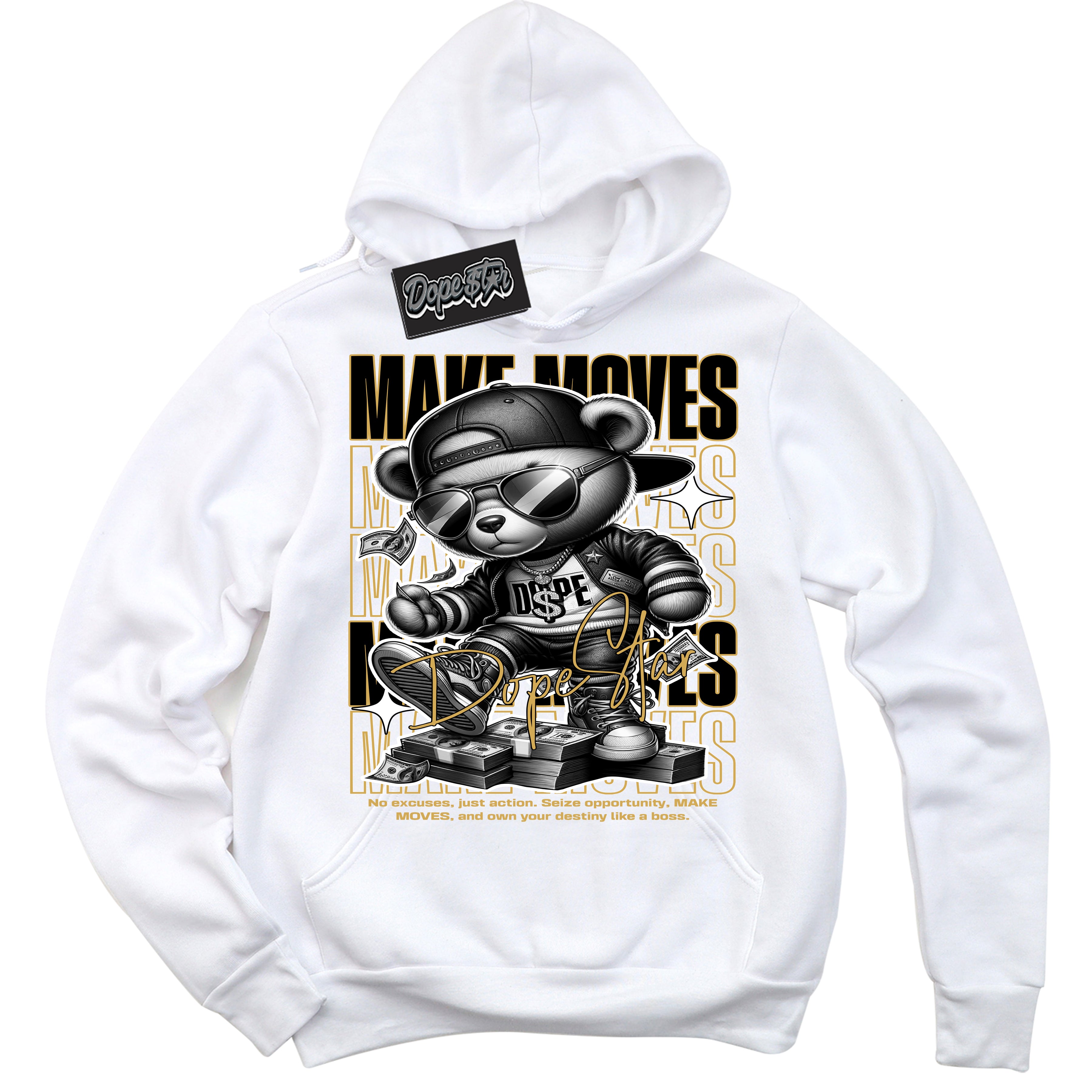 Cool White Hoodie with “ Makin Moves ”  design that Perfectly Matches Black Metallic Gold 1s Sneakers.