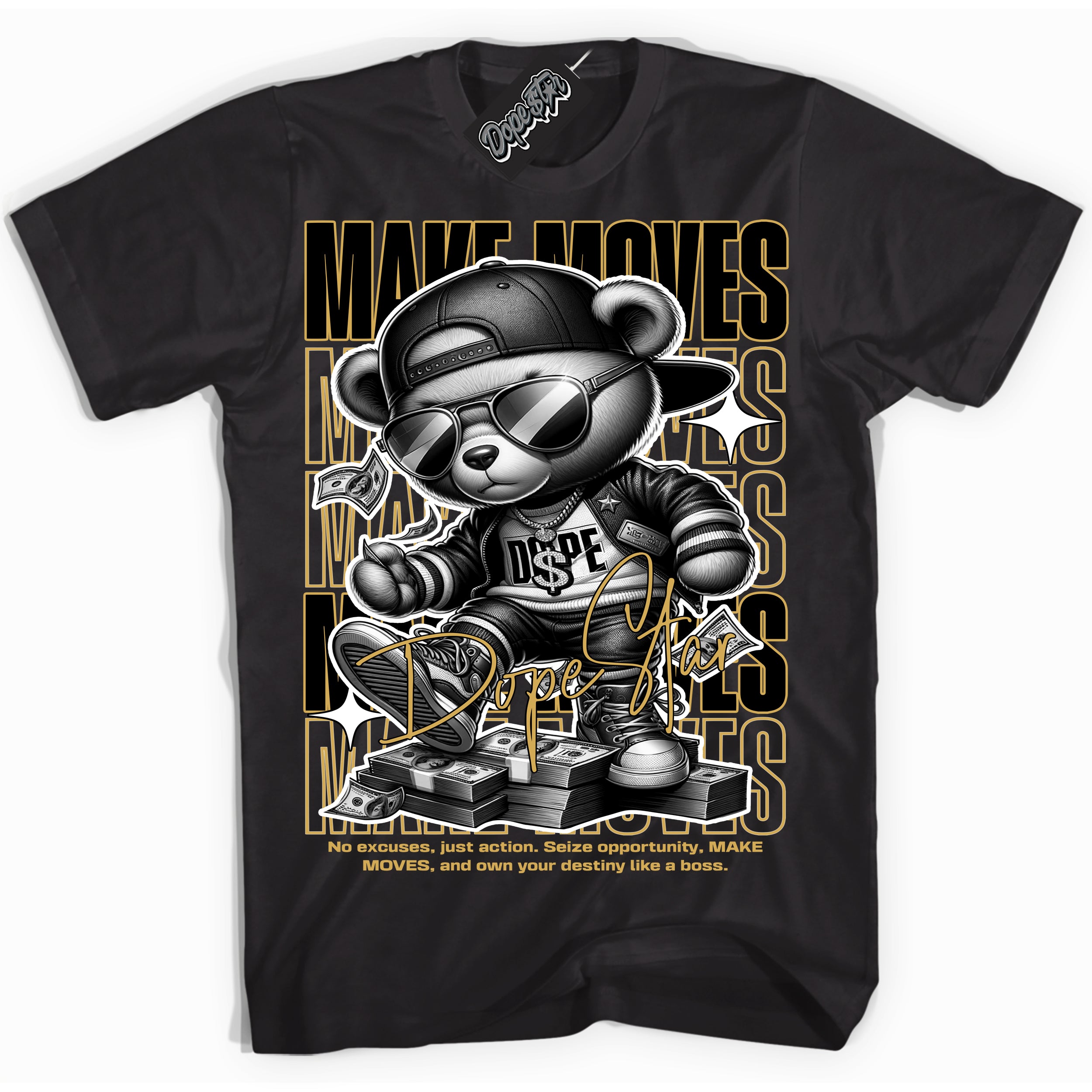 Cool Black Shirt with “ Makin Moves” design that perfectly matches Black Metallic Gold 1s Sneakers.