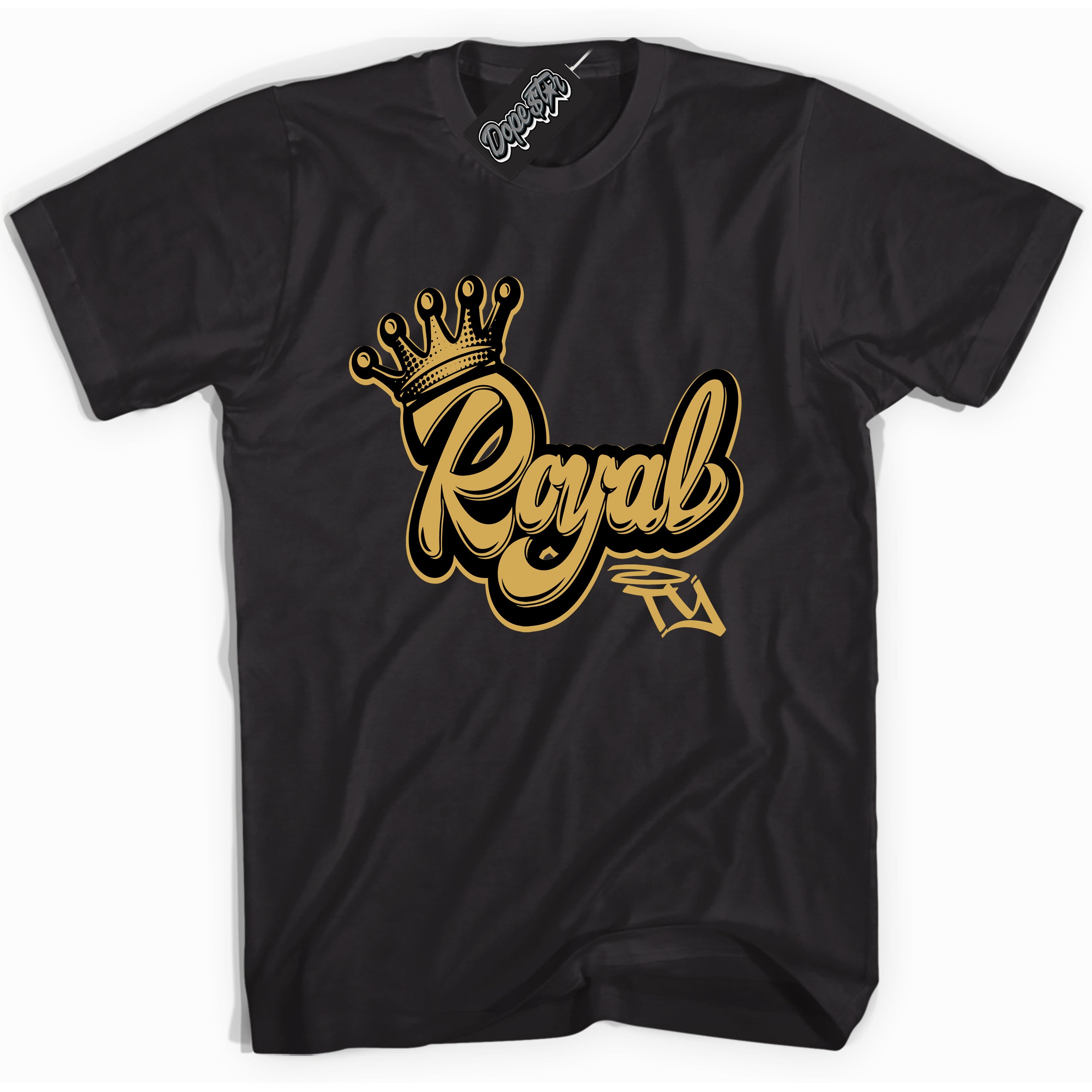 Cool Black Shirt with “ Royalty ” design that perfectly matches Black Metallic Gold 1s Jordans.
