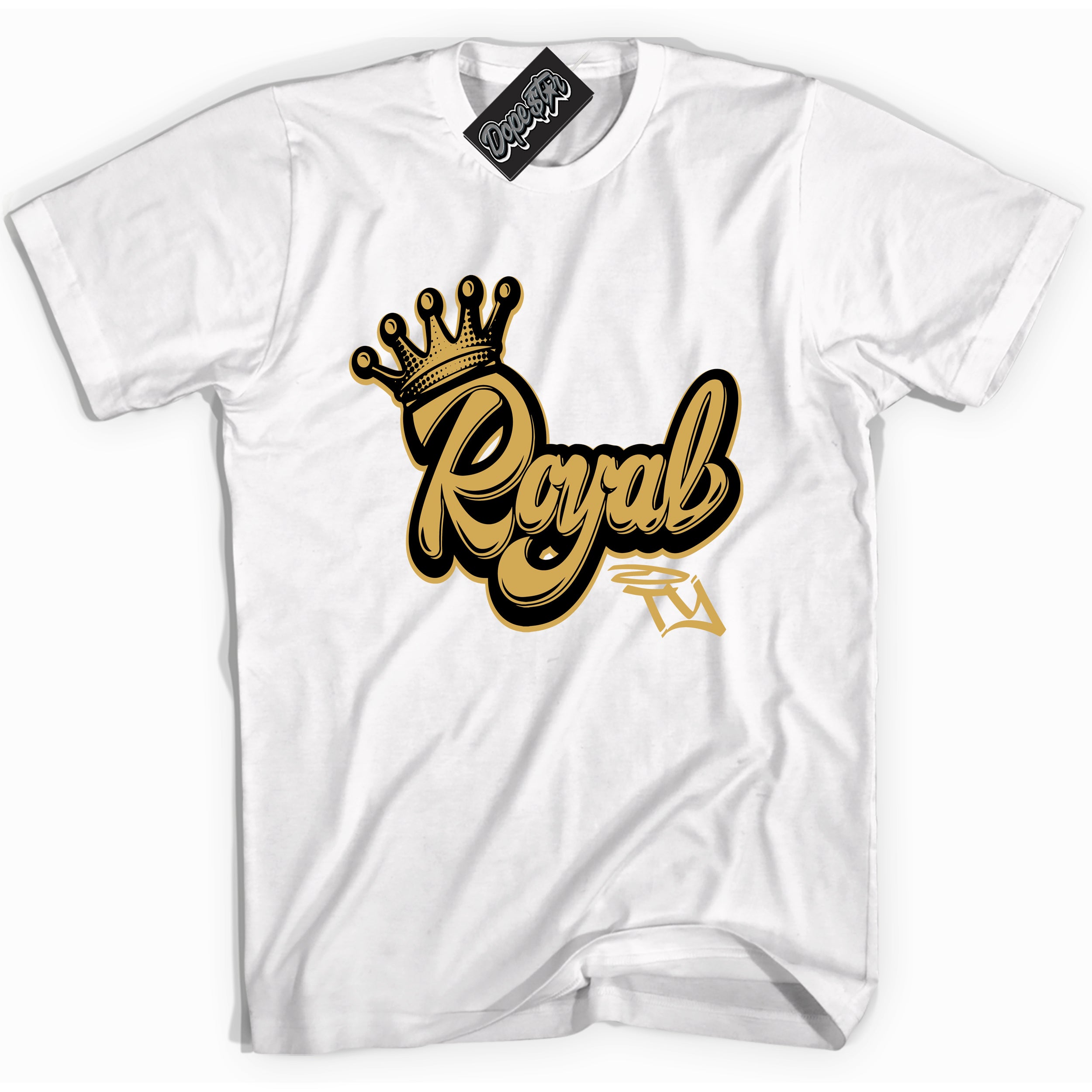 Cool White Shirt with “ Royalty ” design that perfectly matches Black Metallic Gold 1s Jordans.
