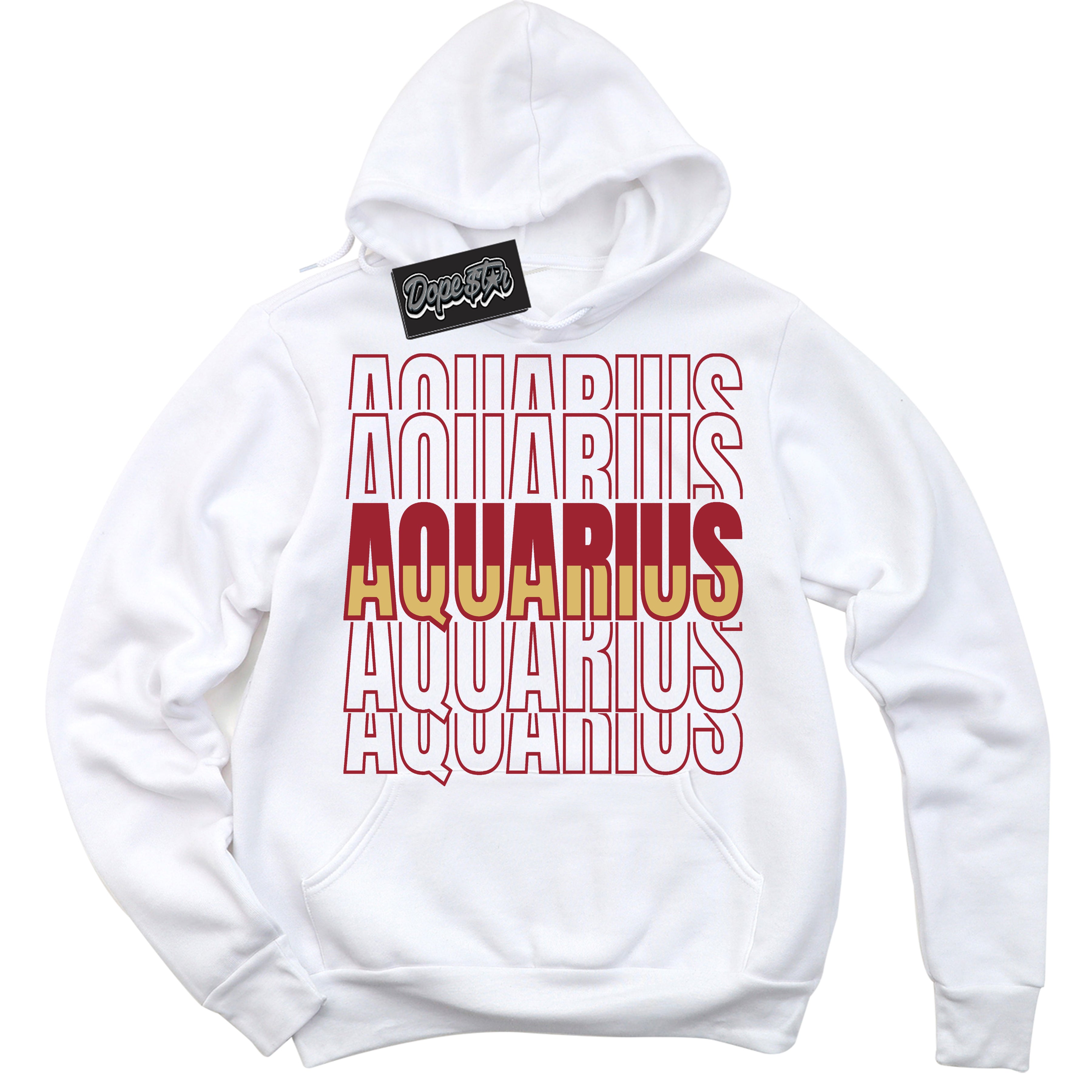 Cool White Hoodie with “ Aquarius ”  design that Perfectly Matches Method of Make Gym Red Metallic Gold 1s Jordans.
