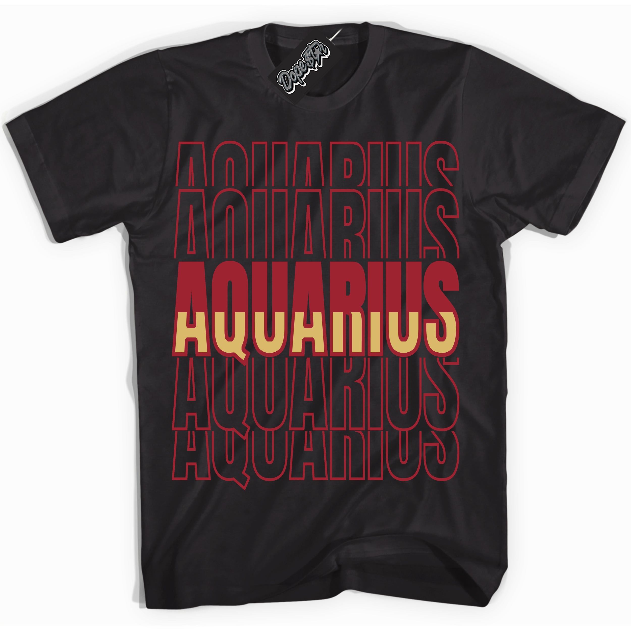 Cool Black Shirt with “ Aquarius ” design that perfectly matches Method of Make Gym Red Metallic Gold 1s Jordans.
