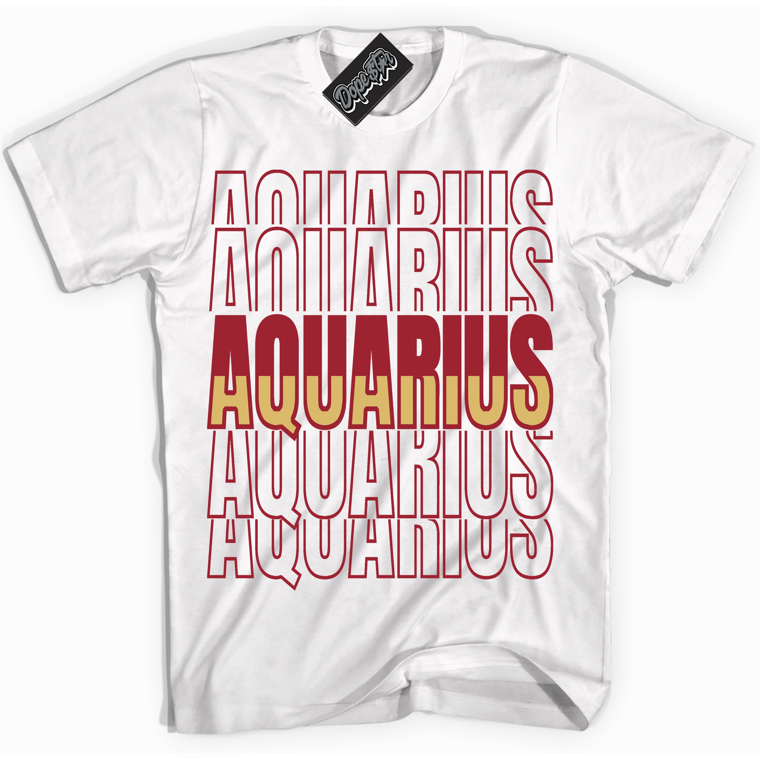 Cool White Shirt with “ Aquarius ” design that perfectly matches Method of Make Gym Red Metallic Gold 1s Jordans.
