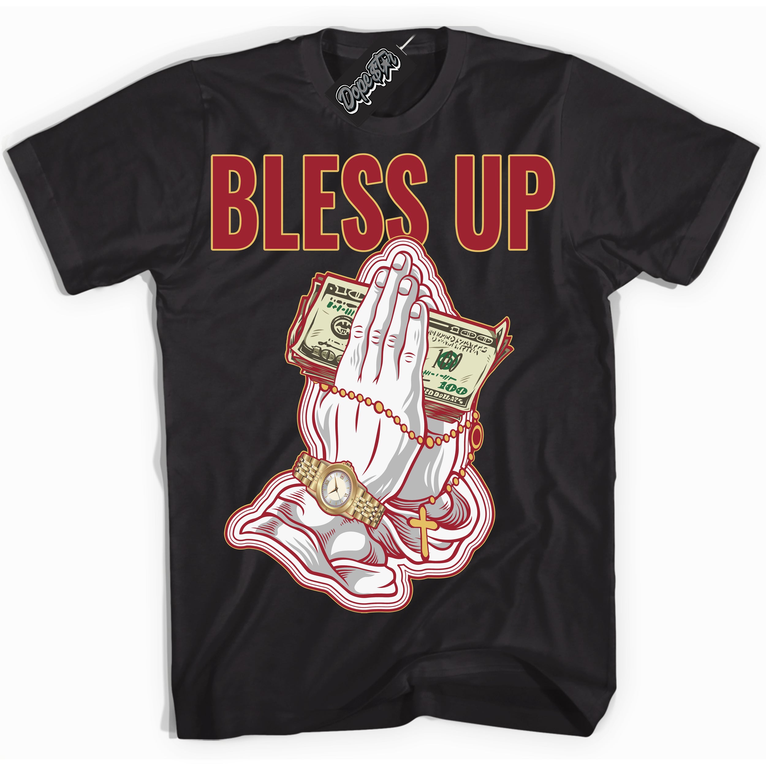 Cool Black Shirt with “ Bless Up ” design that perfectly matches Method of Make Gym Red Metallic Gold 1s Jordans.
