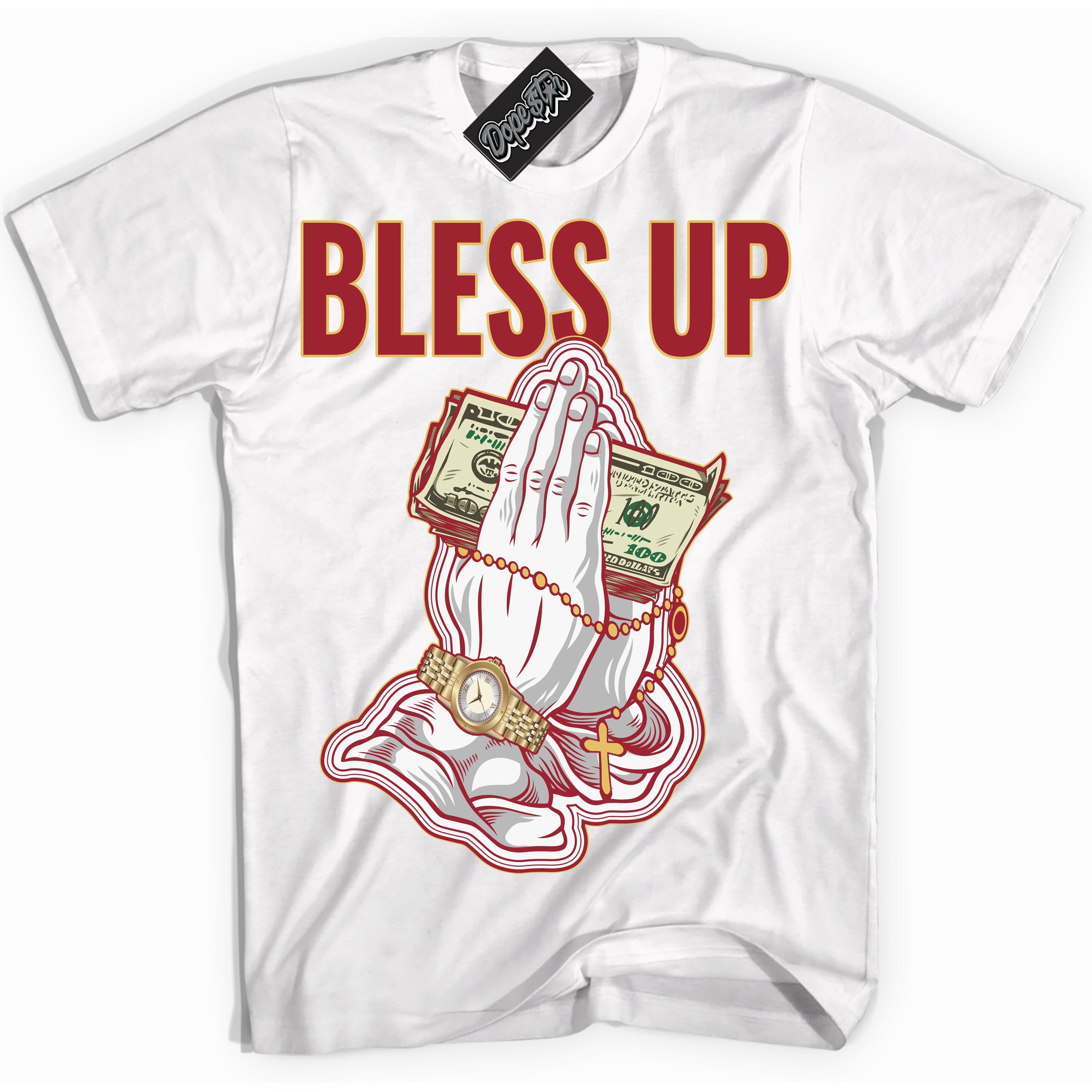 Cool White Shirt with “ Bless Up ” design that perfectly matches Method of Make Gym Red Metallic Gold 1s Jordans.
