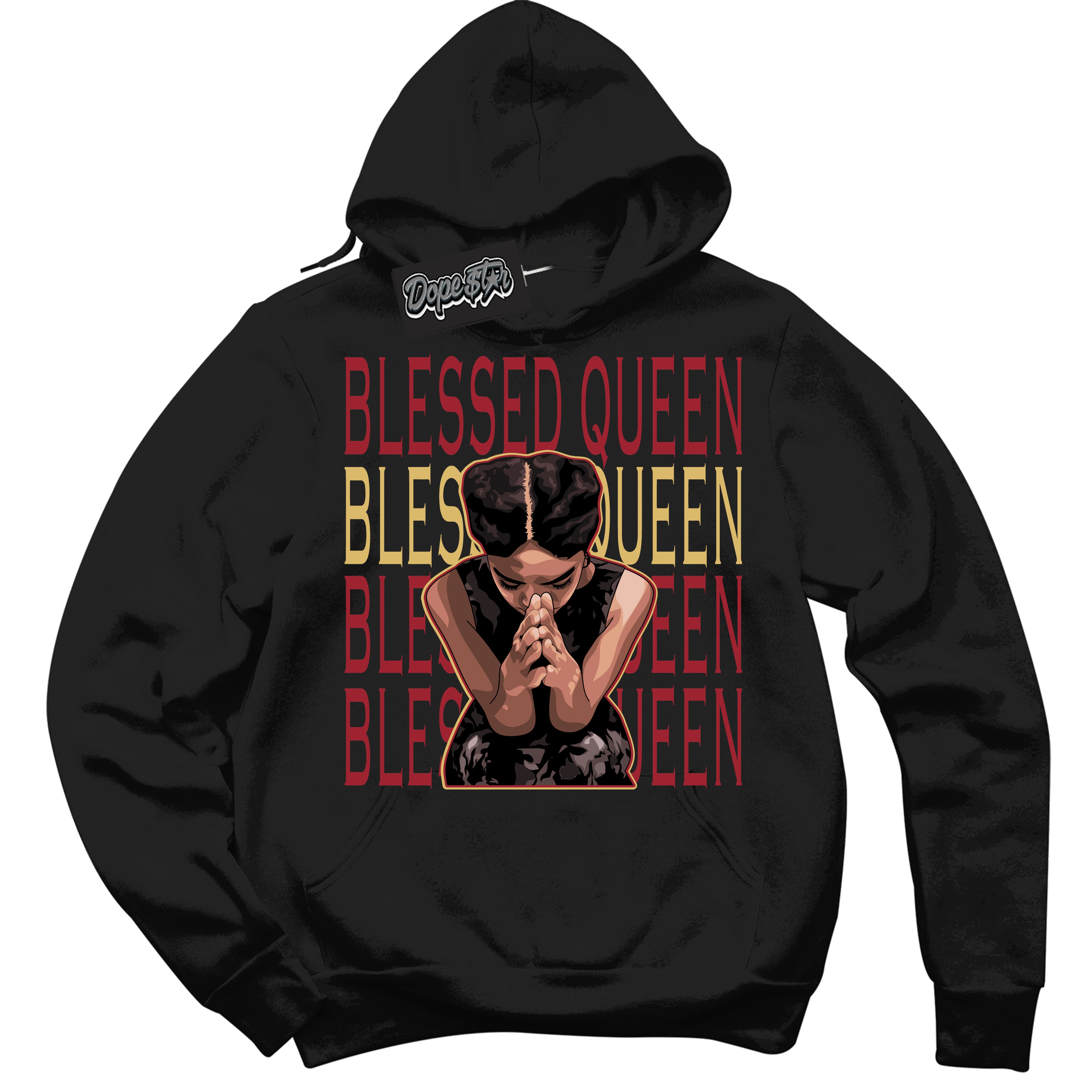 Cool Black Hoodie with “ Blessed Queen ”  design that Perfectly Matches Method of Make Gym Red Metallic Gold 1s Jordans.
