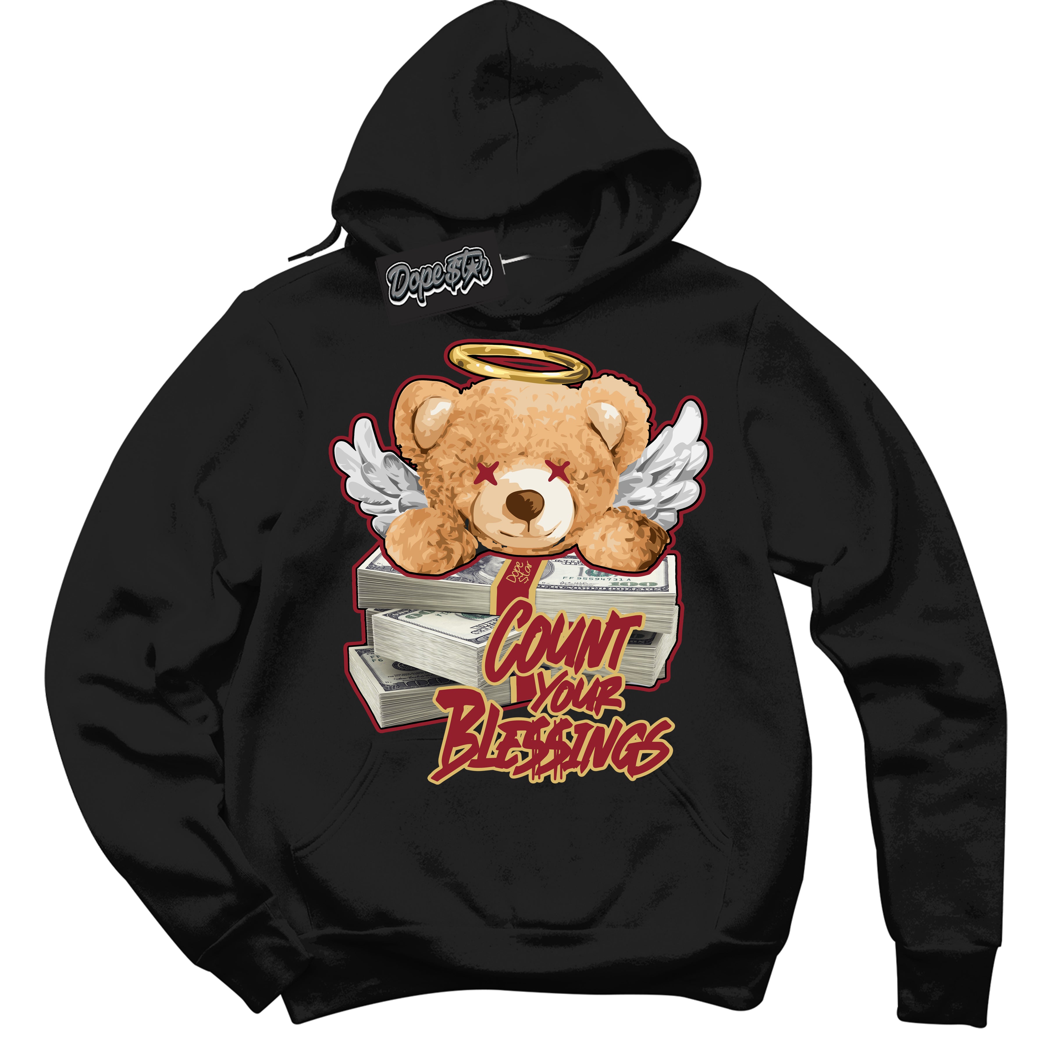 Cool Black Hoodie with “ Count Your Blessings ”  design that Perfectly Matches Method of Make Gym Red Metallic Gold 1s Jordans.
