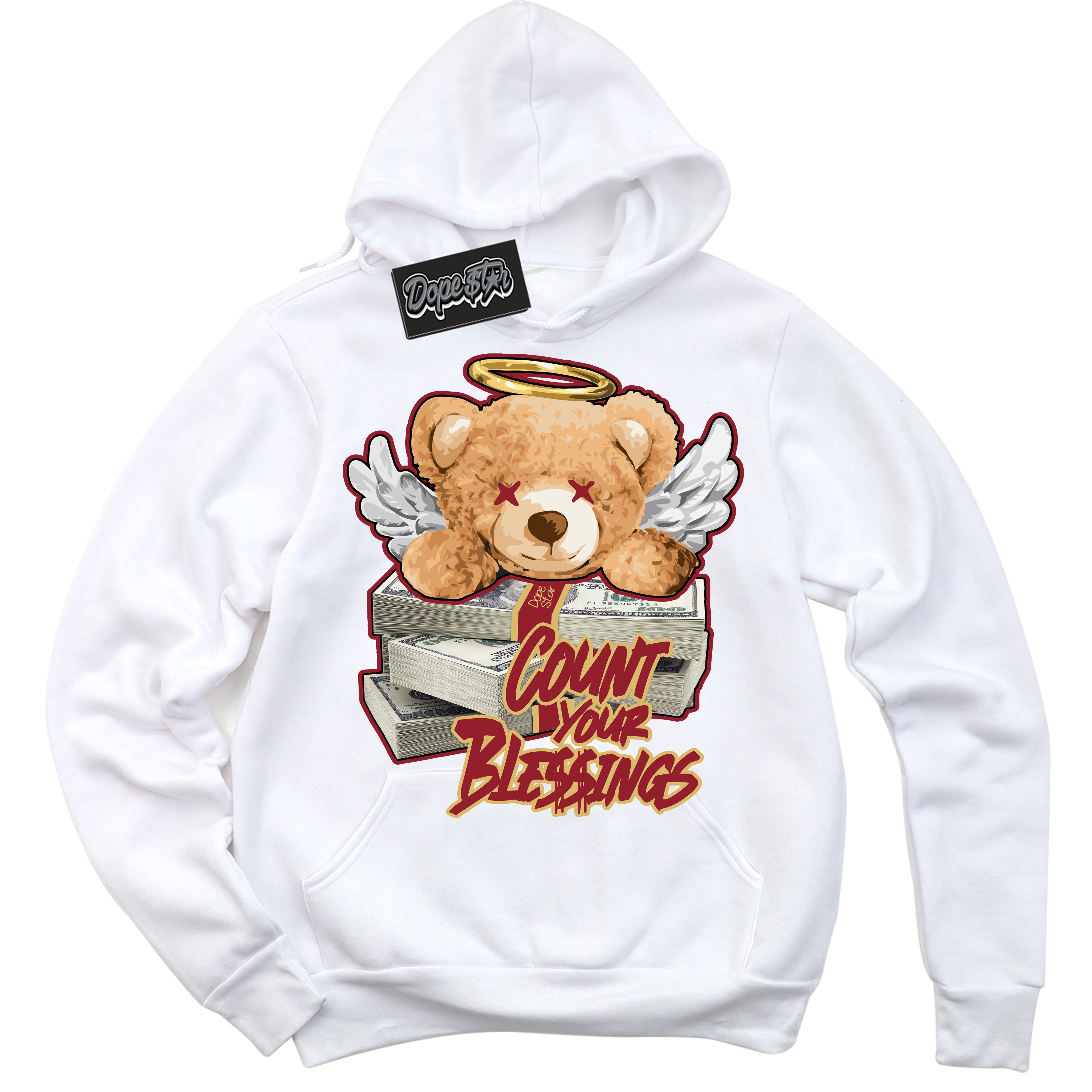 Cool White Hoodie with “ Count Your Blessings ”  design that Perfectly Matches Method of Make Gym Red Metallic Gold 1s Jordans.
