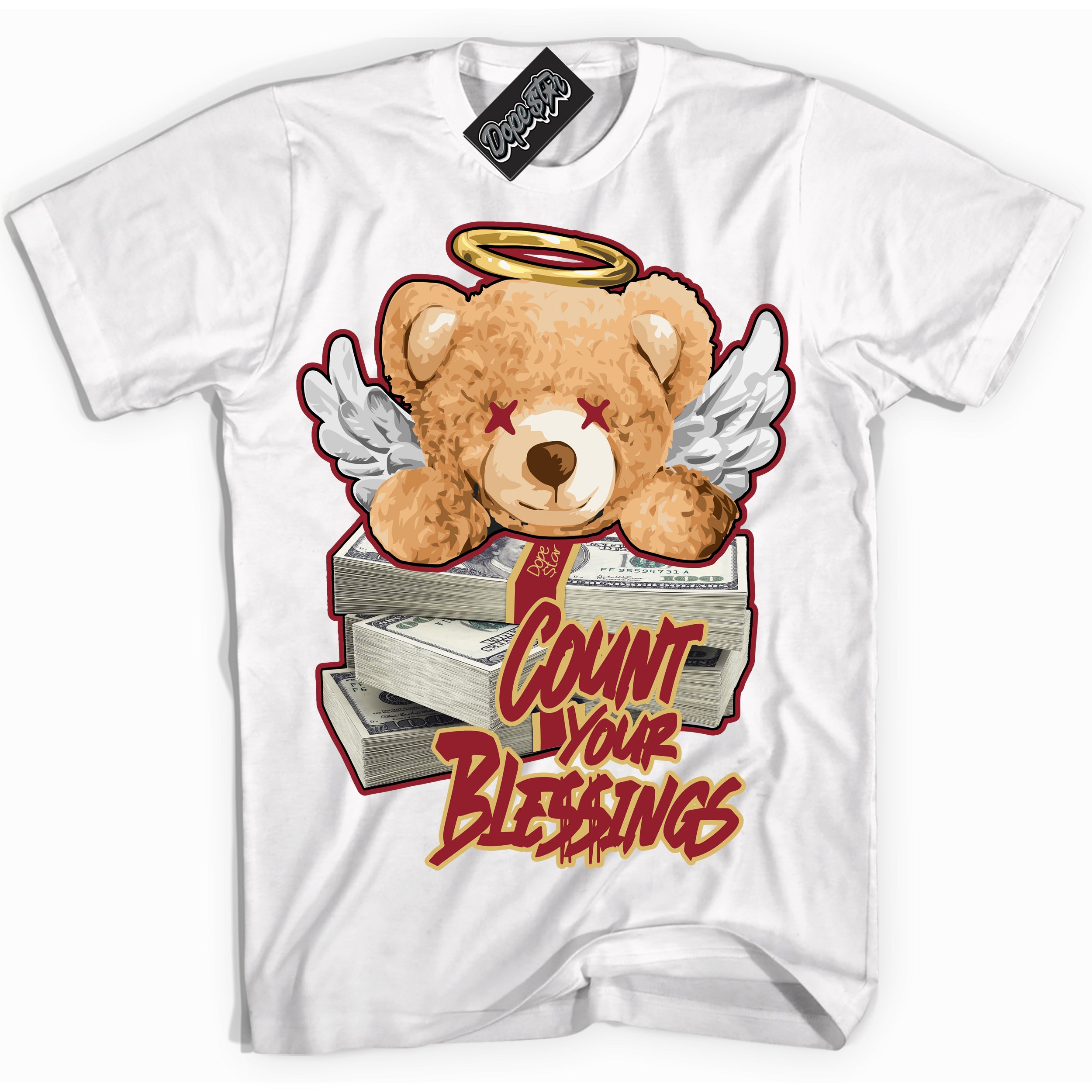 Cool White Hoodie with “ Count Your Blessings ”  design that Perfectly Matches Method of Make Gym Red Metallic Gold 1s Jordans.
