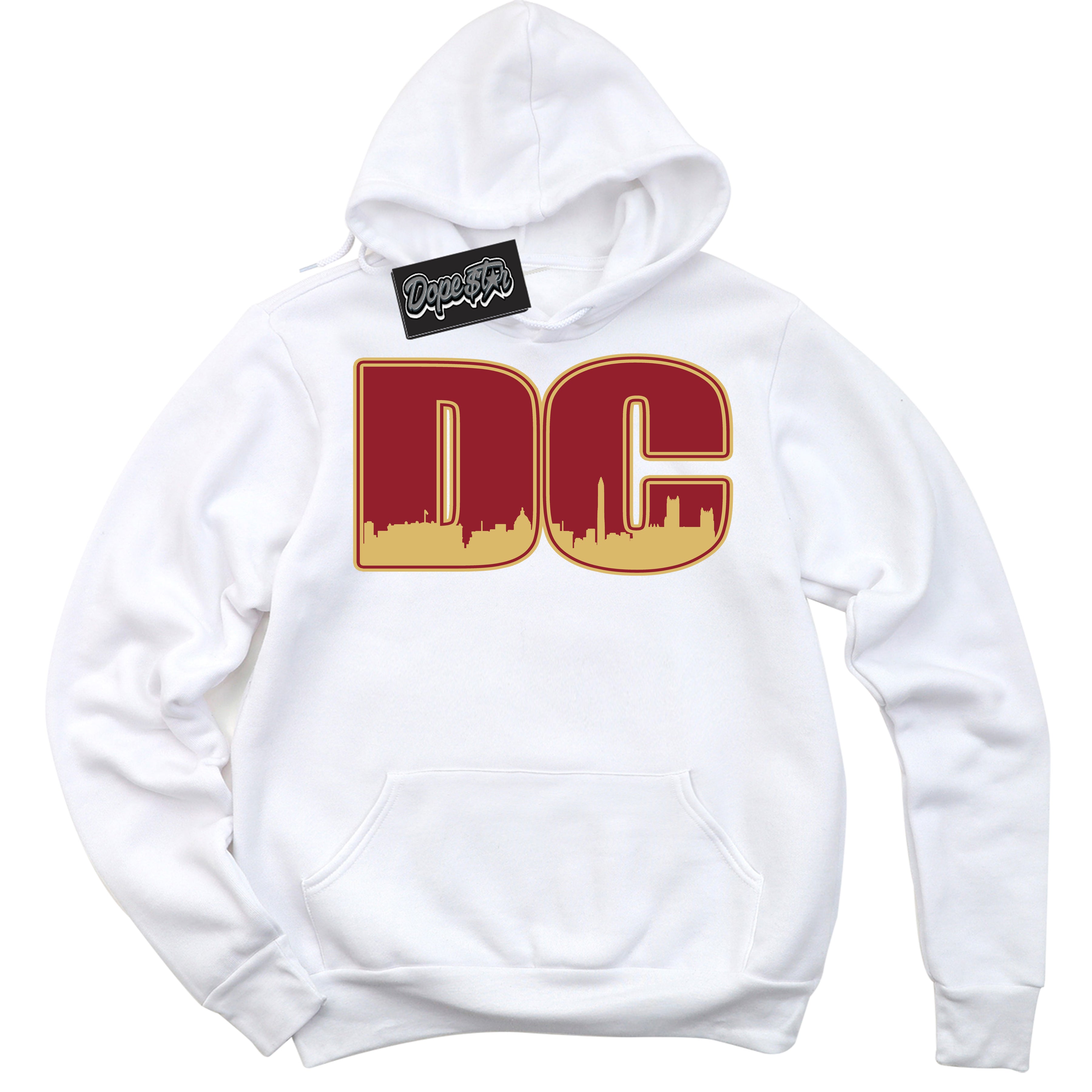 Cool White Hoodie with “ DC ”  design that Perfectly Matches Method of Make Gym Red Metallic Gold 1s Jordans.
