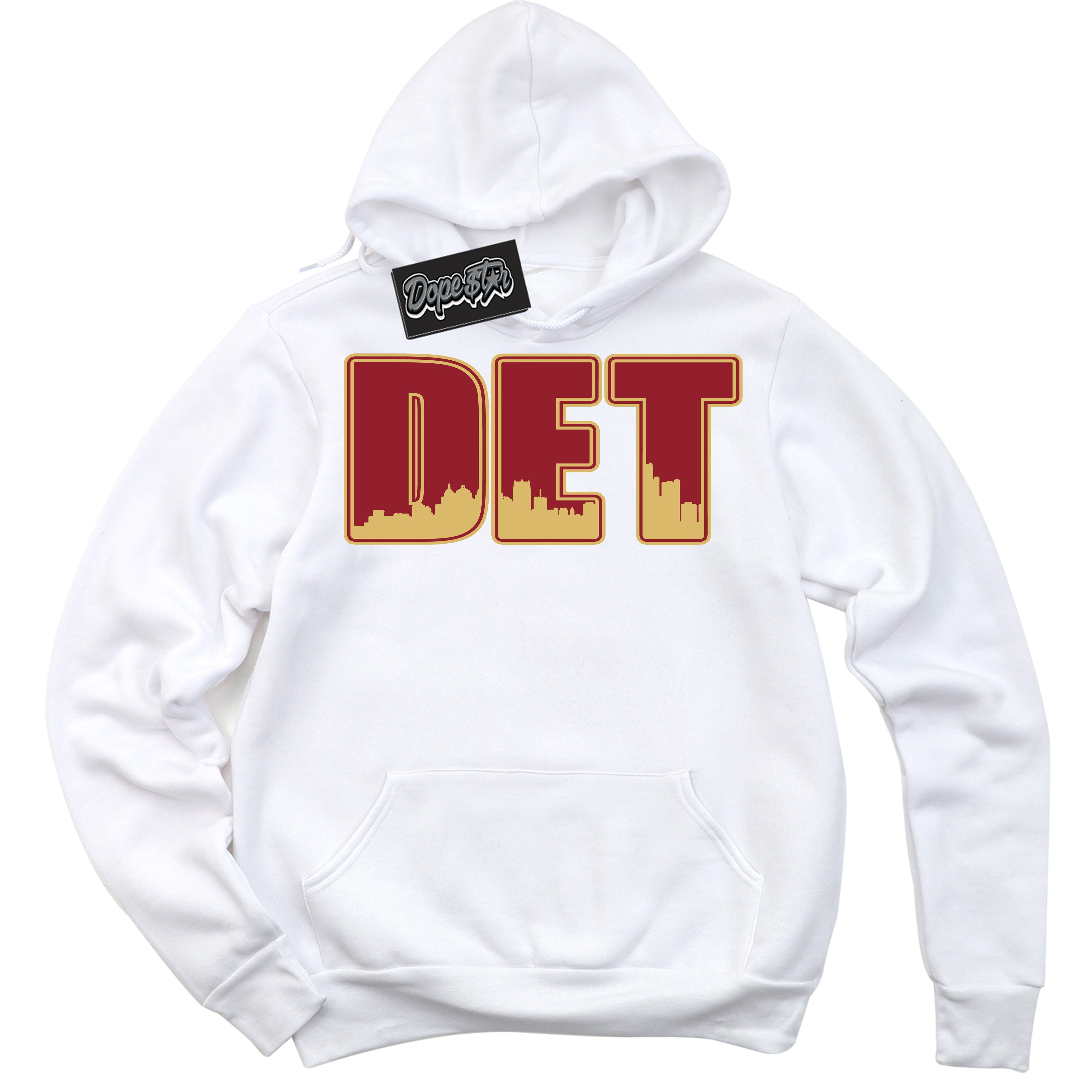 Cool White Hoodie with “ Detroit ”  design that Perfectly Matches Method of Make Gym Red Metallic Gold 1s Jordans.
