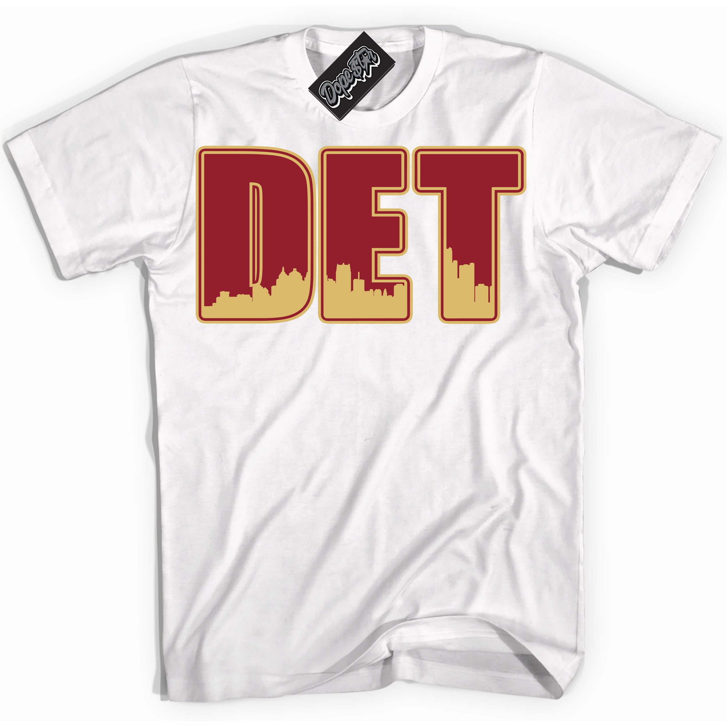 Cool White Shirt with “ Detroit ” design that perfectly matches Method of Make Gym Red Metallic Gold 1s Jordans.
