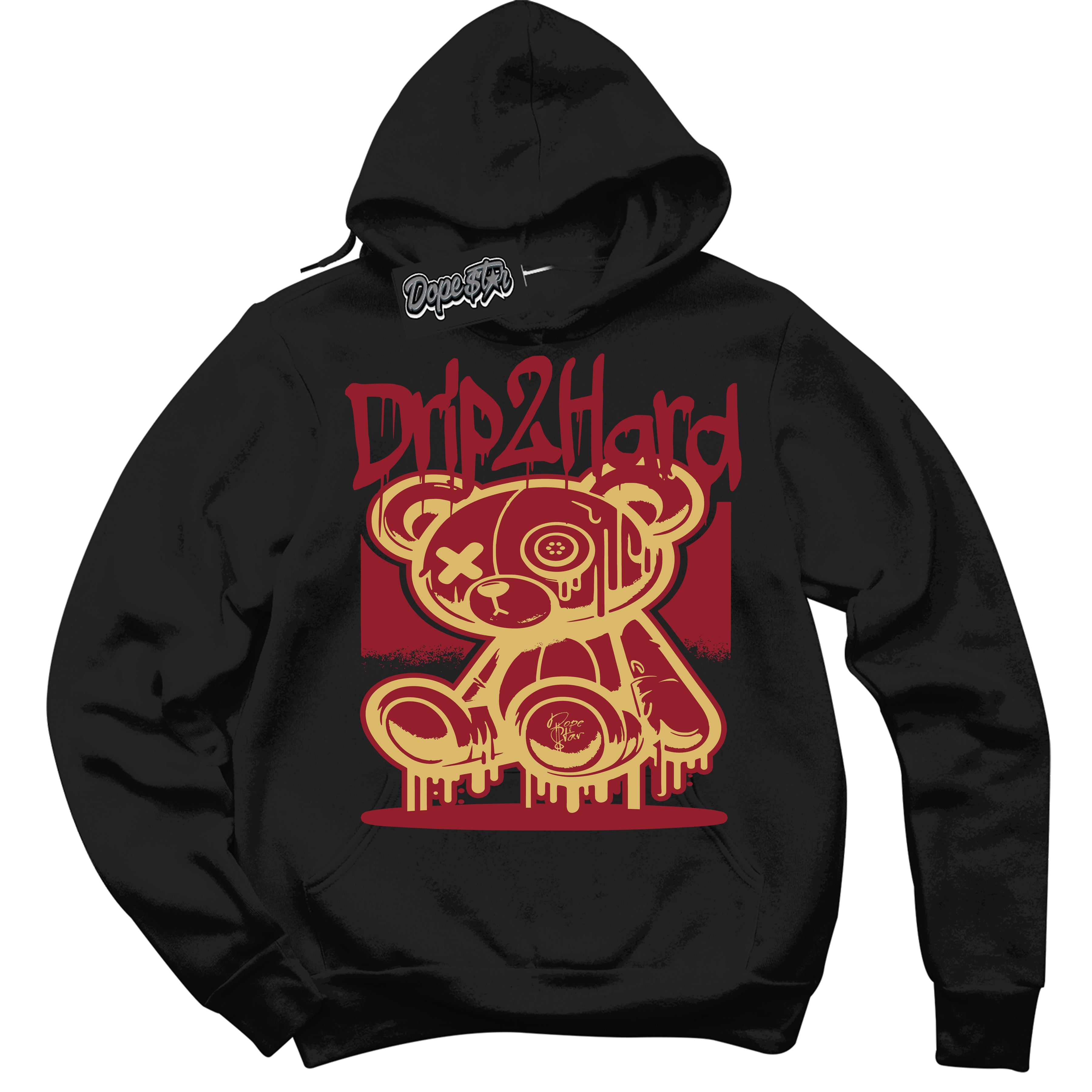 Cool Black Hoodie with “ Drip 2 Hard ”  design that Perfectly Matches Method of Make Gym Red Metallic Gold 1s Jordans.
