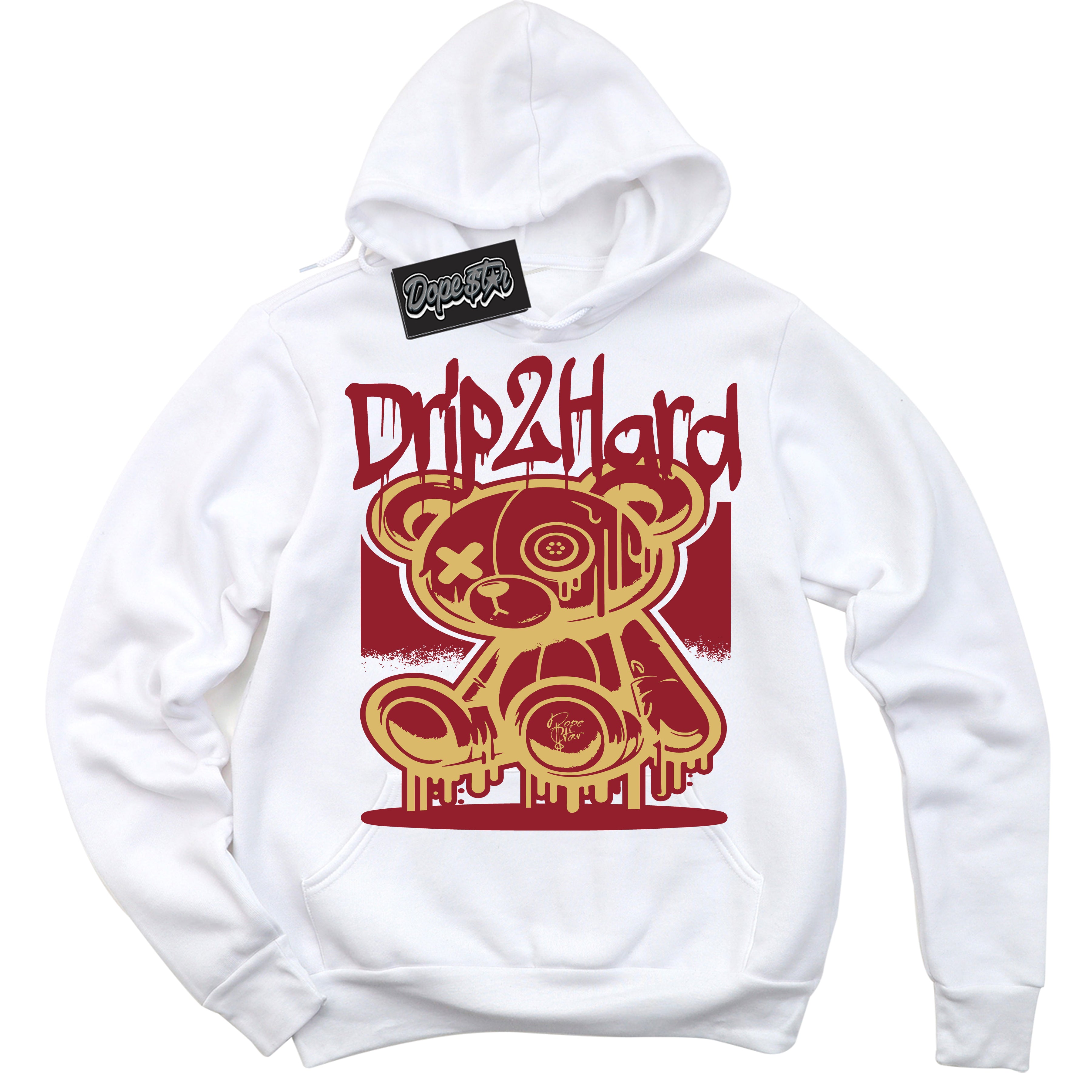 Cool White Hoodie with “ Drip 2 Hard ”  design that Perfectly Matches Method of Make Gym Red Metallic Gold 1s Jordans.
