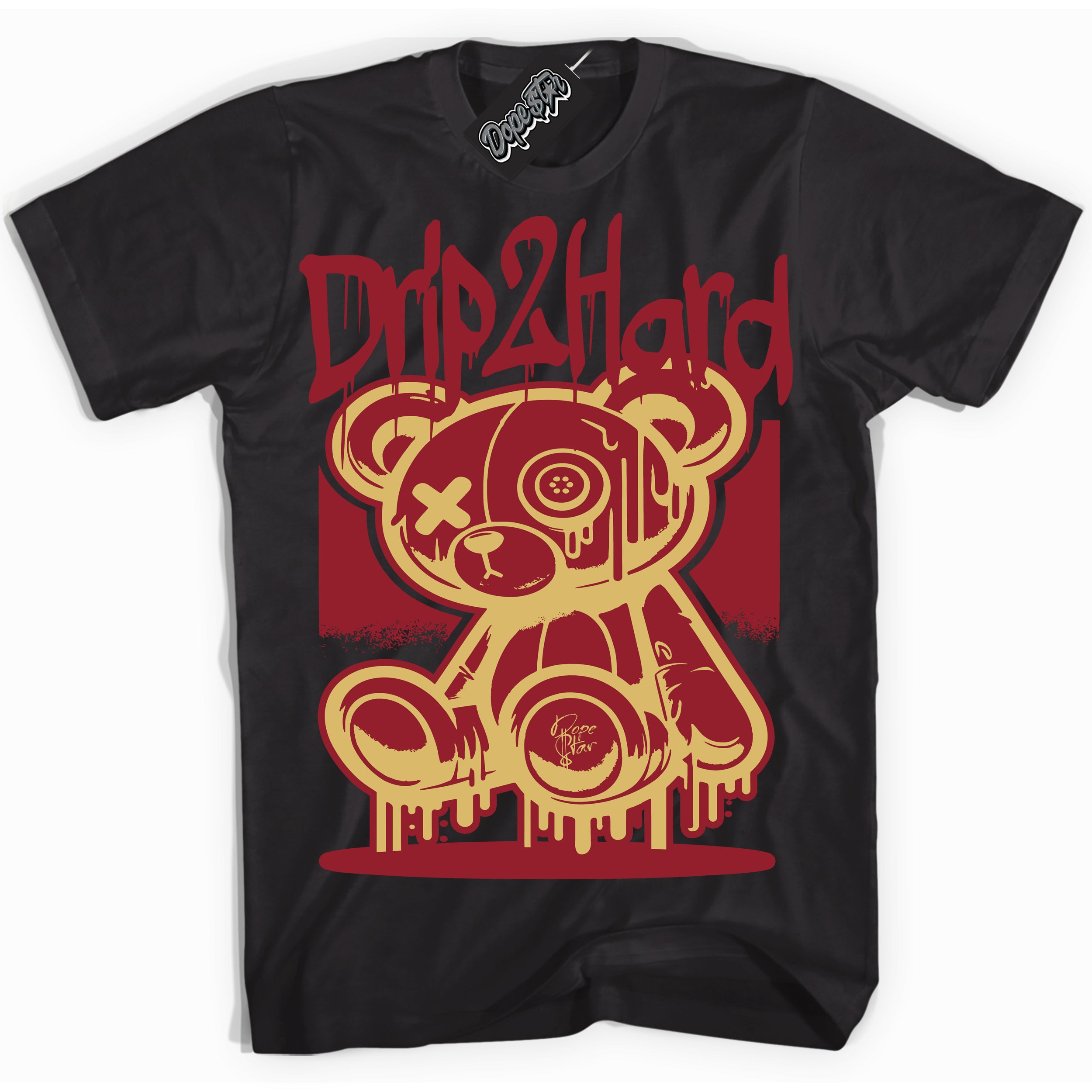 Cool Black Shirt with “ Drip 2 Hard ” design that perfectly matches Method of Make Gym Red Metallic Gold 1s Jordans.
