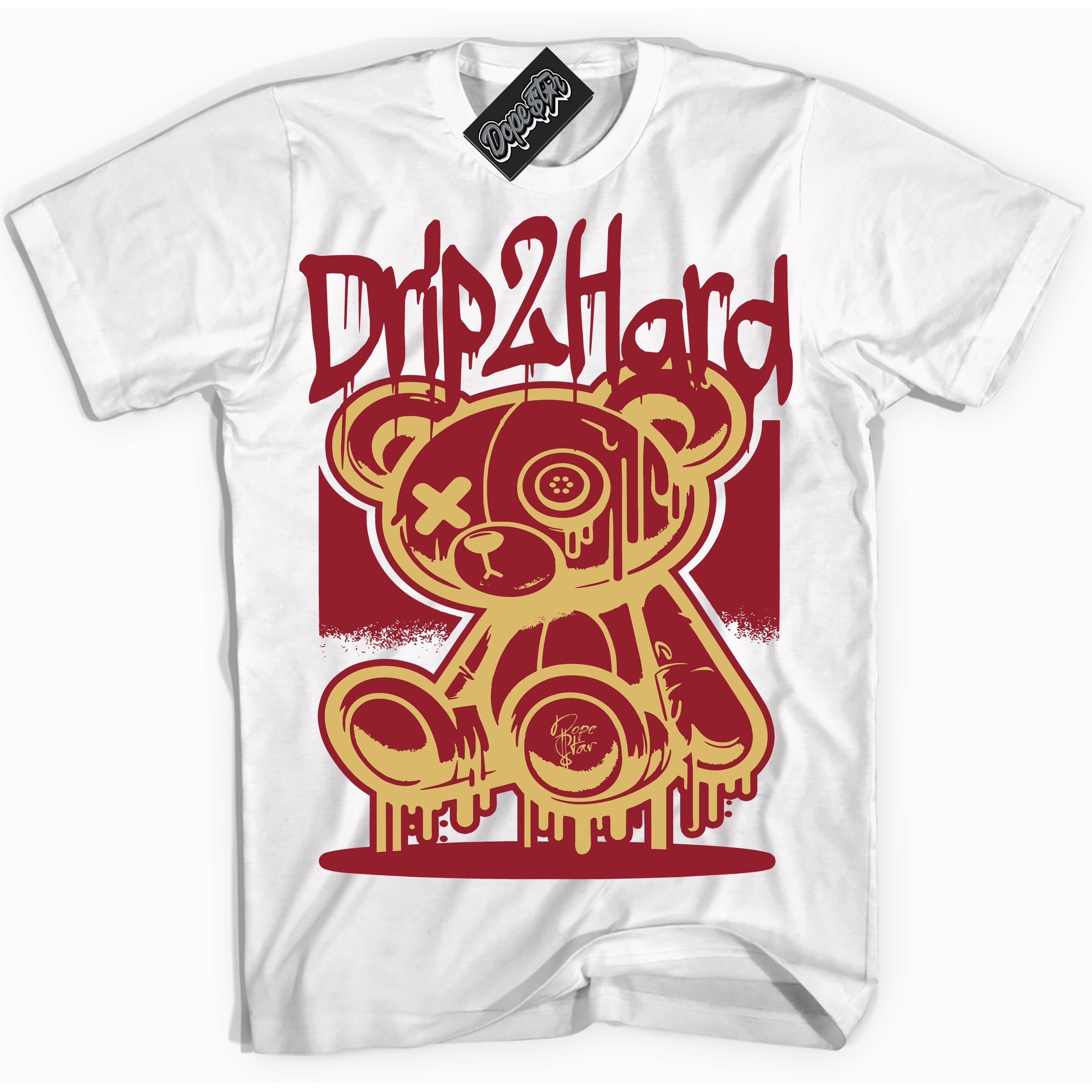 Cool White Shirt with “ Drip 2 Hard ” design that perfectly matches Method of Make Gym Red Metallic Gold 1s Jordans.
