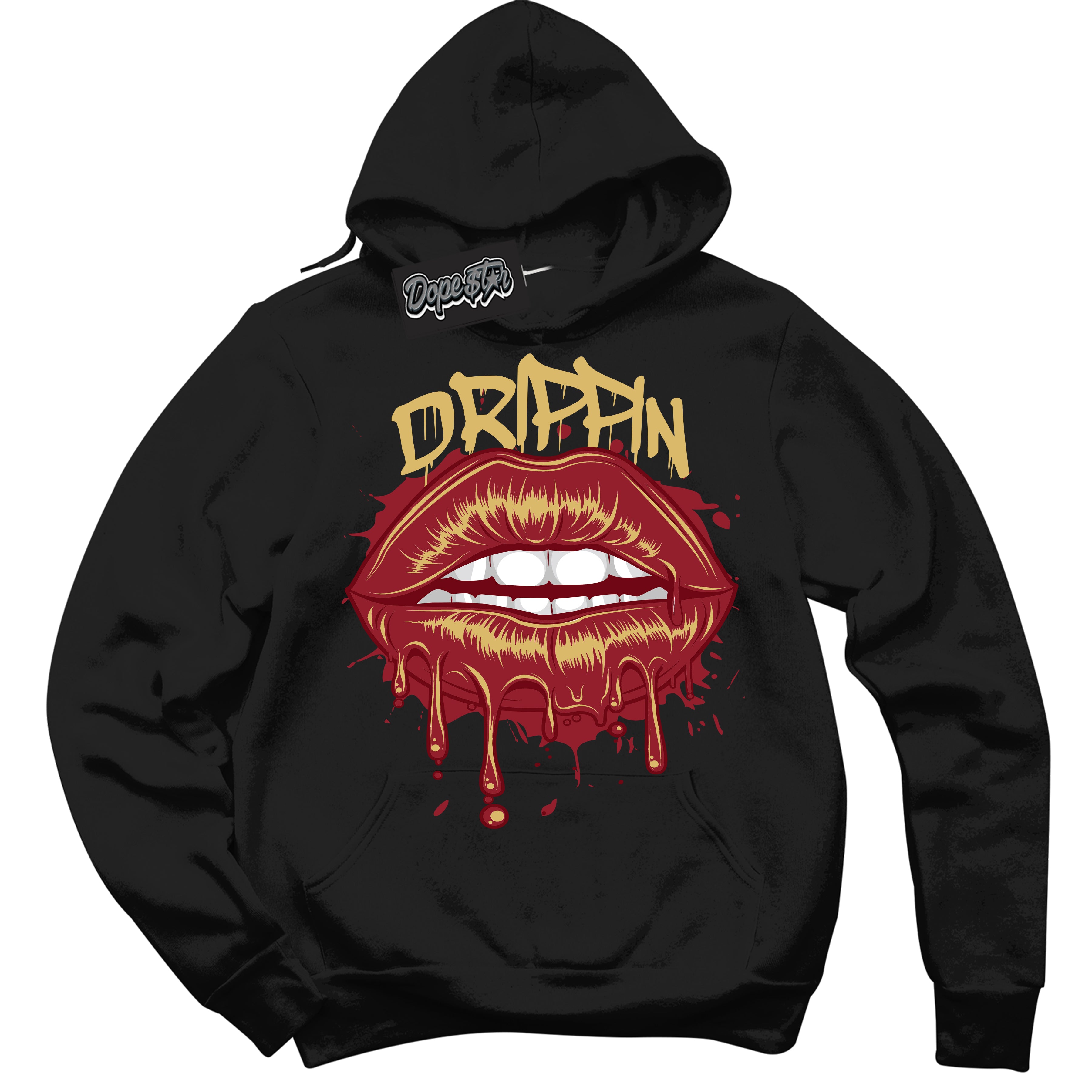 Cool Black Hoodie with “ Drippin ”  design that Perfectly Matches Method of Make Gym Red Metallic Gold 1s Jordans.
