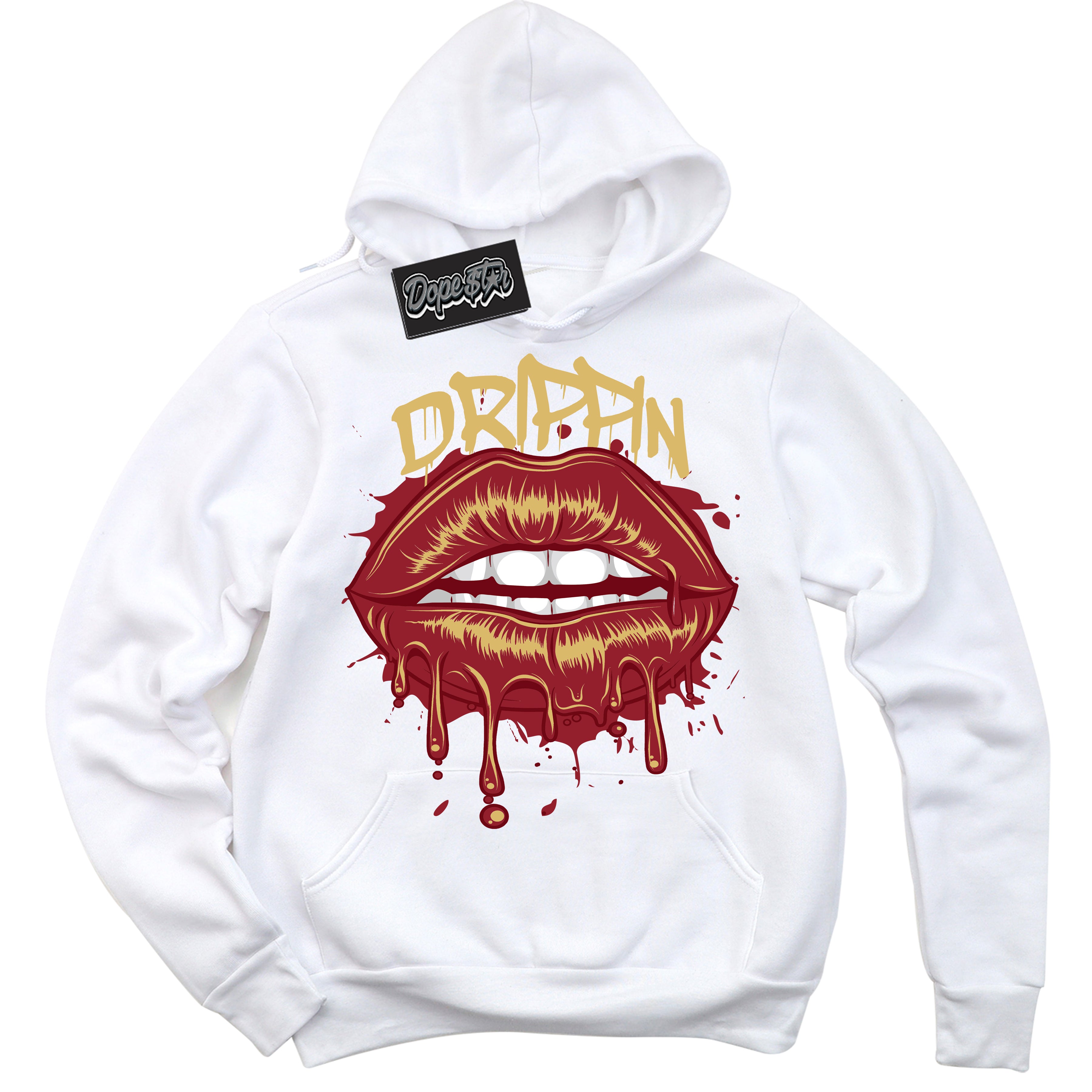 Cool White Hoodie with “ Drippin ”  design that Perfectly Matches Method of Make Gym Red Metallic Gold 1s Jordans.
