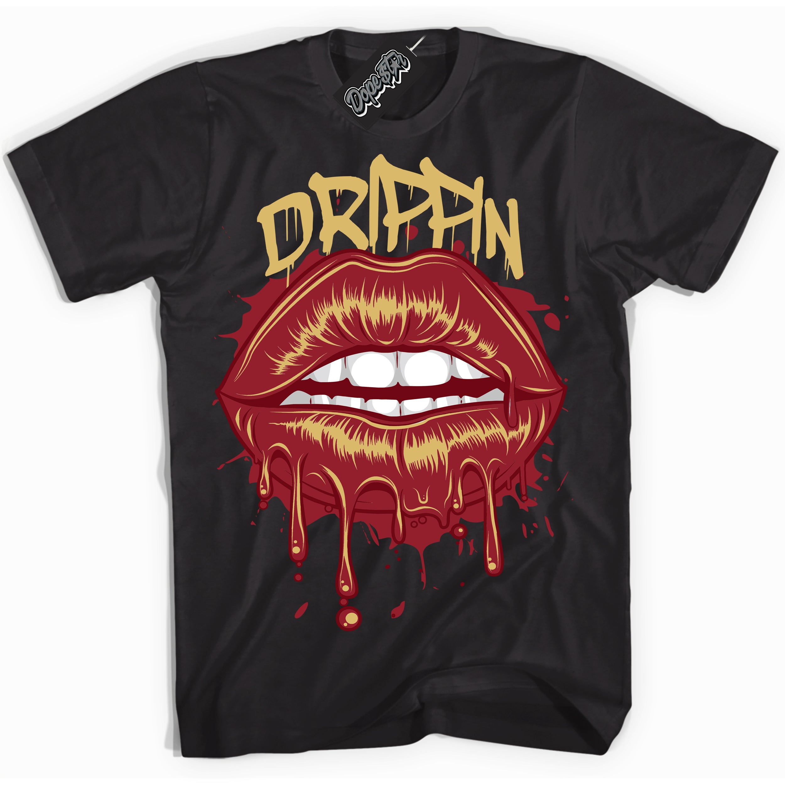 Cool Black Shirt with “ Drippin ” design that perfectly matches Method of Make Gym Red Metallic Gold 1s Jordans.
