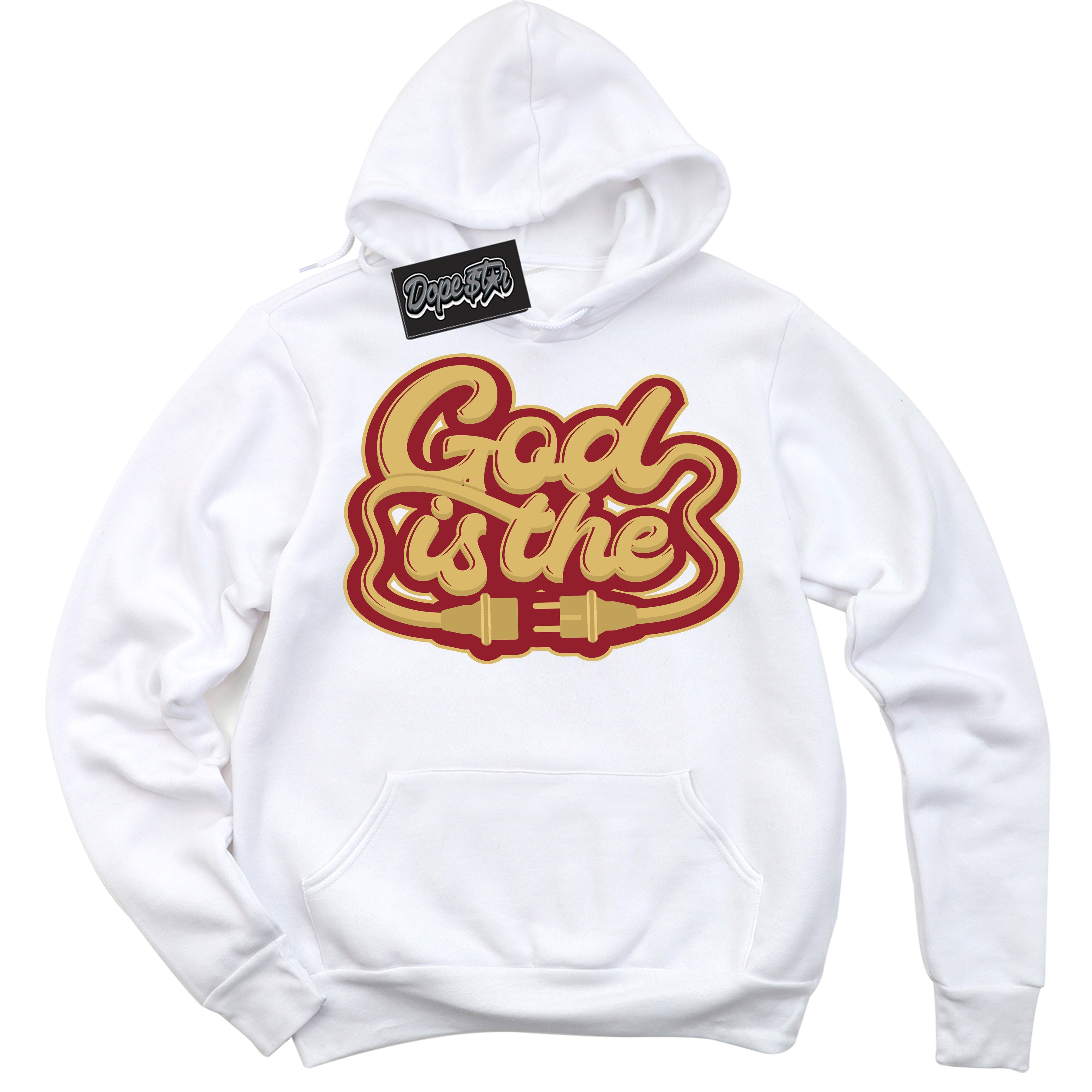 Cool White Hoodie with “ God Is The ”  design that Perfectly Method of Make Gym Red Metallic.