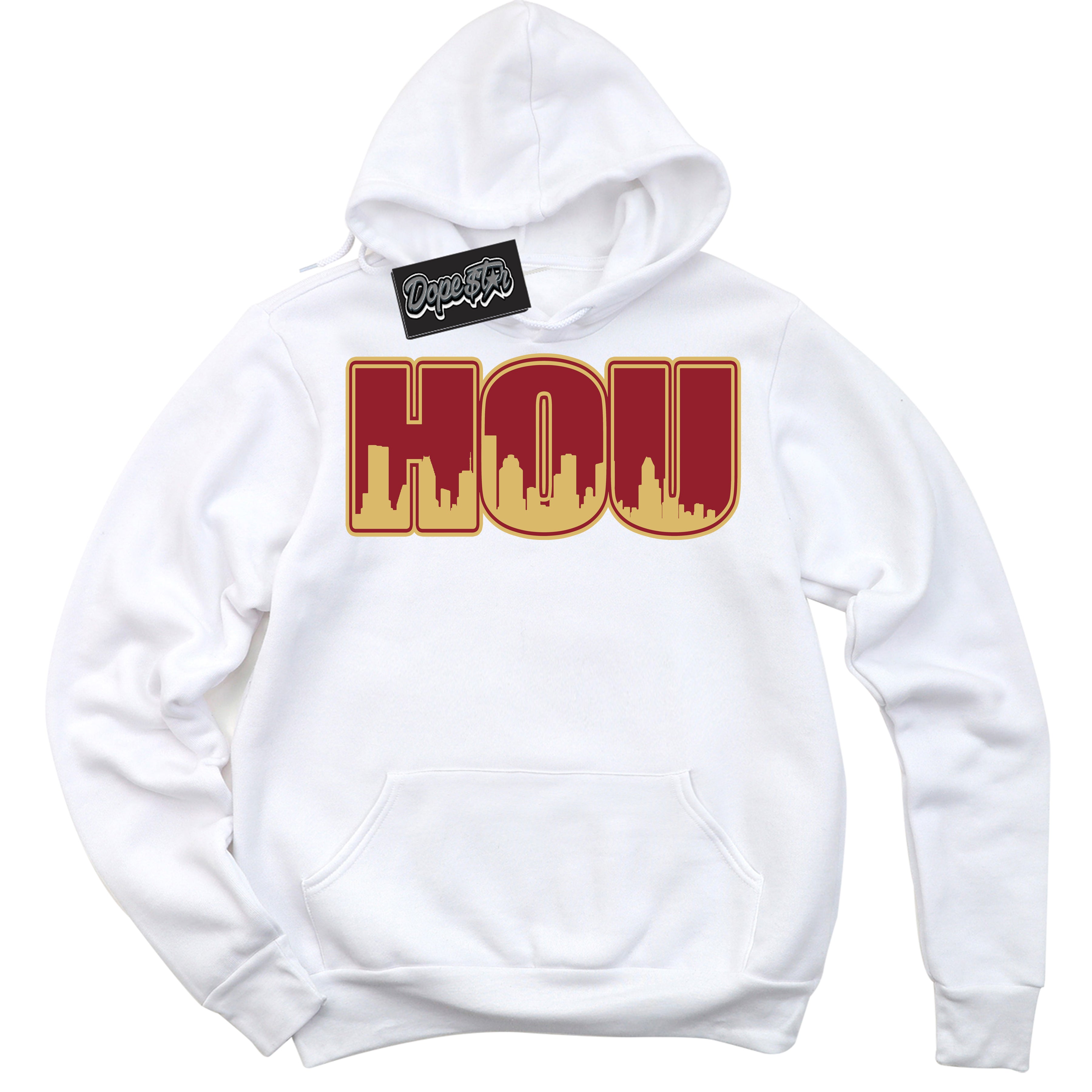 Cool White Hoodie with “ Houston ”  design that Perfectly Matches Method of Make Gym Red Metallic Gold 1s Jordans.
