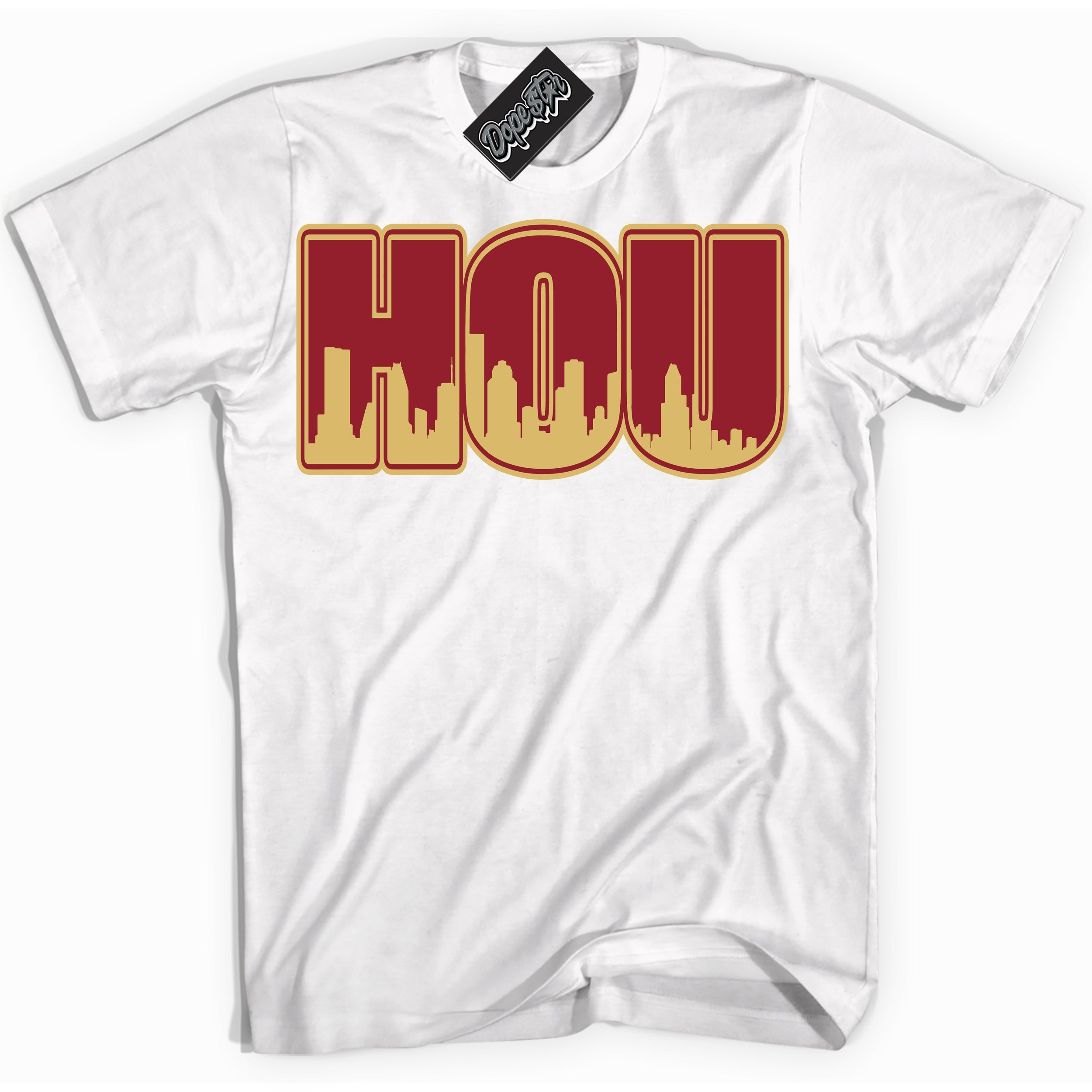 Cool White Shirt with “ Houston ” design that perfectly matches Method of Make Gym Red Metallic Gold 1s Jordans.
