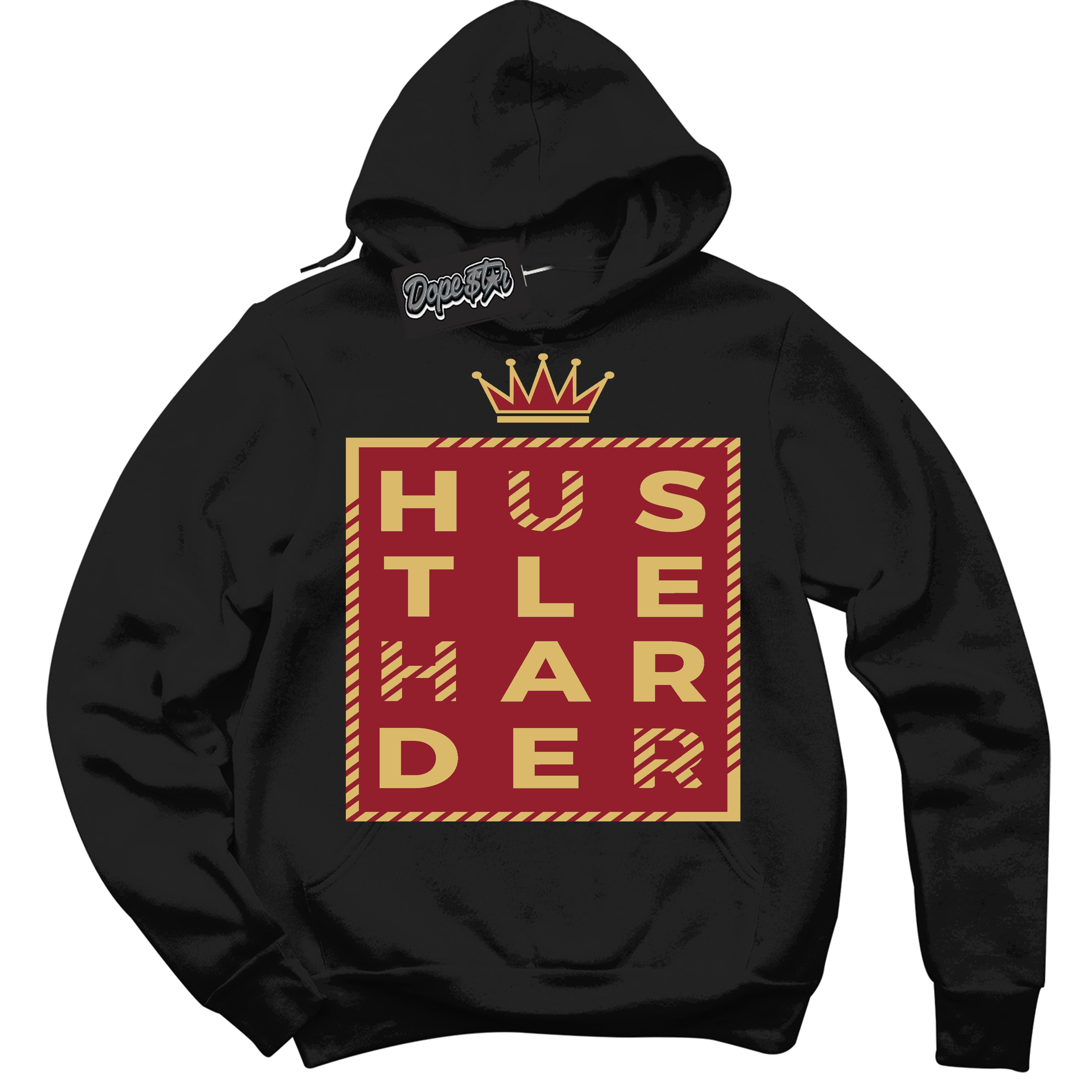 Cool Black Hoodie with “ Hustle Harder ”  design that Perfectly Matches Method of Make Gym Red Metallic Gold 1s Jordans.
