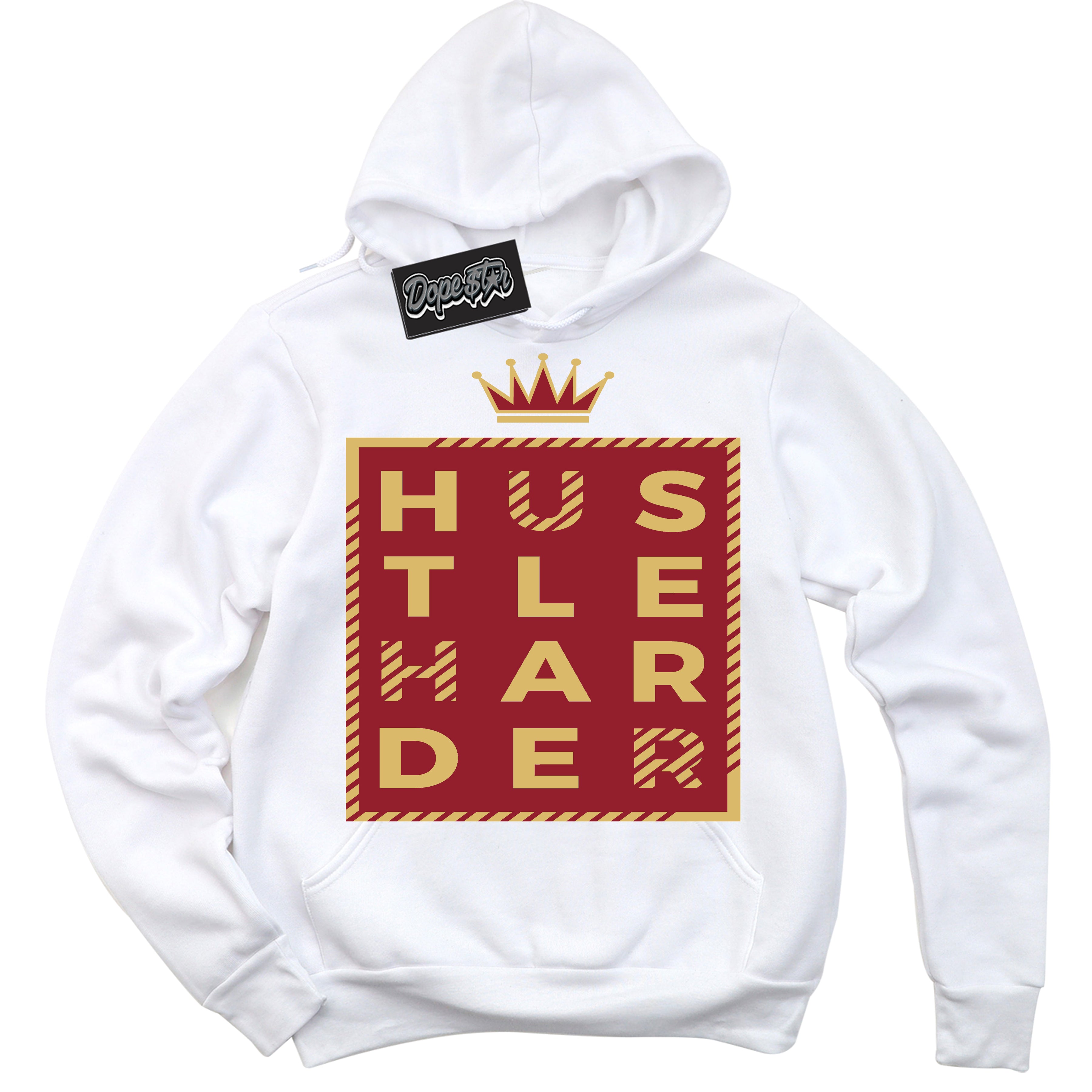 Cool White Hoodie with “ Hustle Harder ”  design that Perfectly Matches Method of Make Gym Red Metallic Gold 1s Jordans.
