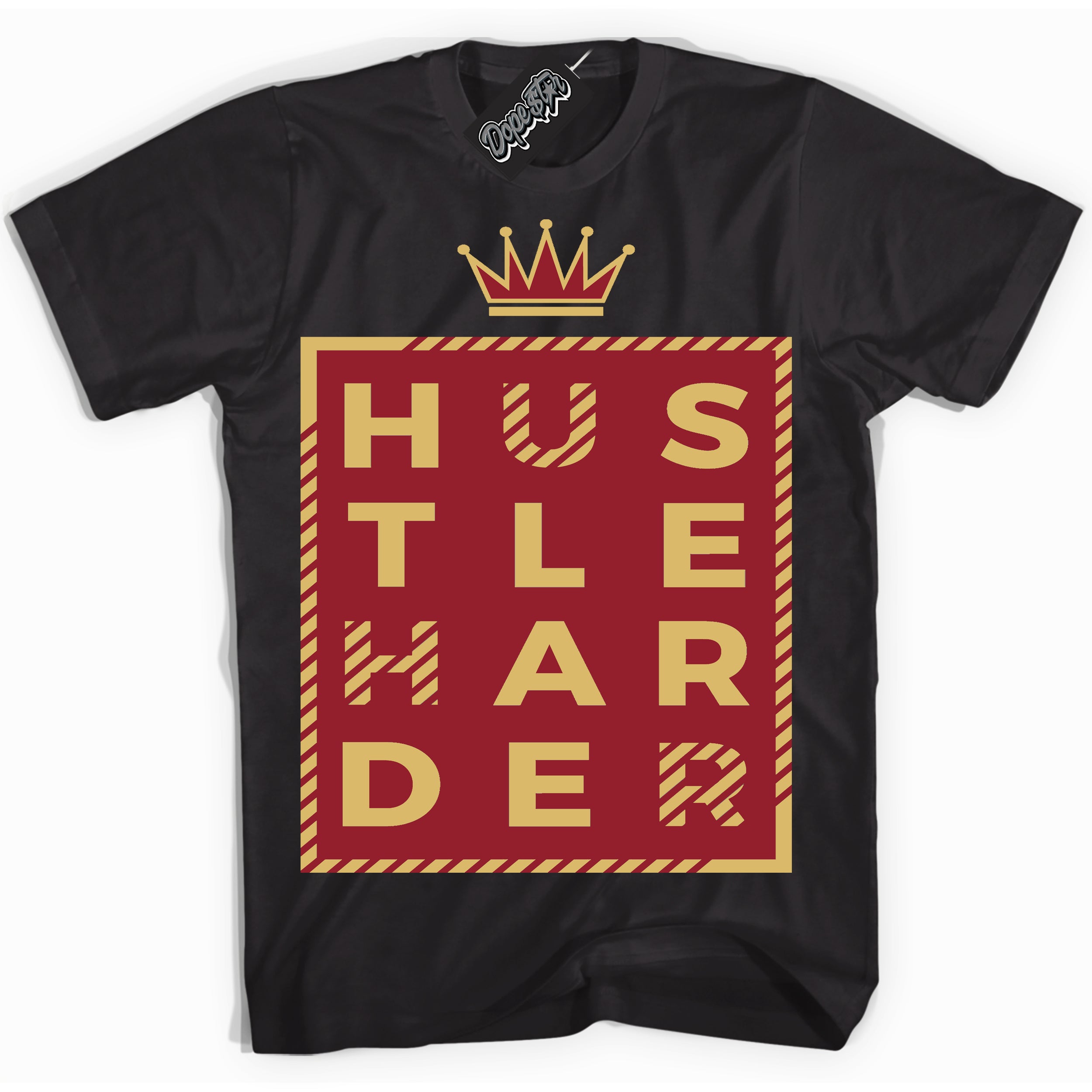 Cool Black Shirt with “ Hustle Harder ” design that perfectly matches Method of Make Gym Red Metallic Gold 1s Jordans.
