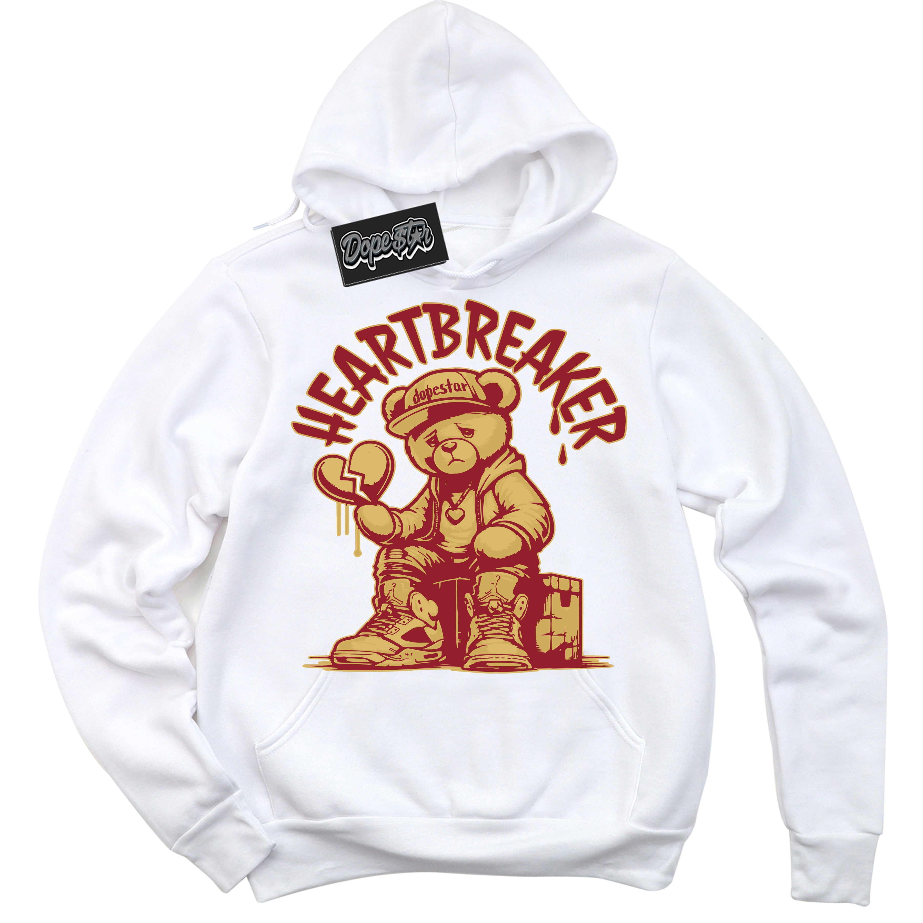 Cool White Hoodie with “ Heartbreaker Bear ”  design that Perfectly Matches Method of Make Gym Red Metallic Gold 1s Jordans.
